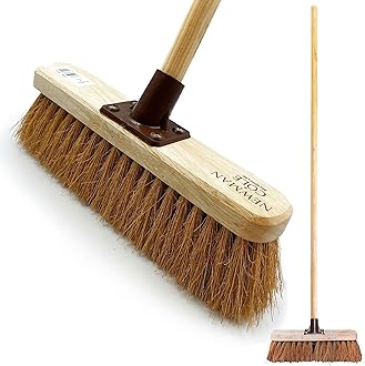 12” Soft Broom Indoor with Durable Support Bracket and 120 cm Wooden Handle Natural Coco Bristle Brush Sweeping Brush – Ideal for Cleaning Wooden, Decking, Concrete Floors and Patios