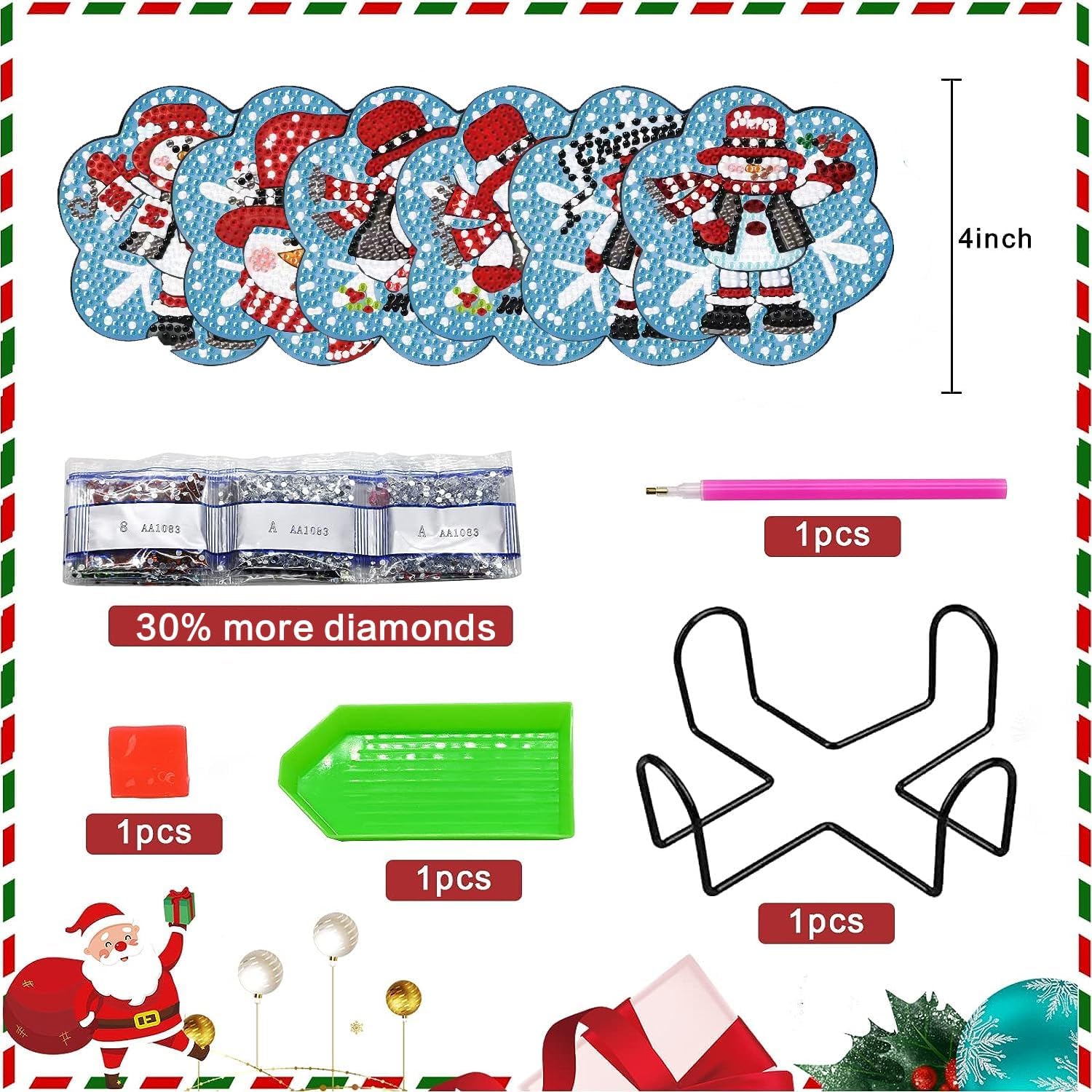 6 Pcs Christmas Diamond Art Coasters Kits with Holder 4x4in Special Shape image 3