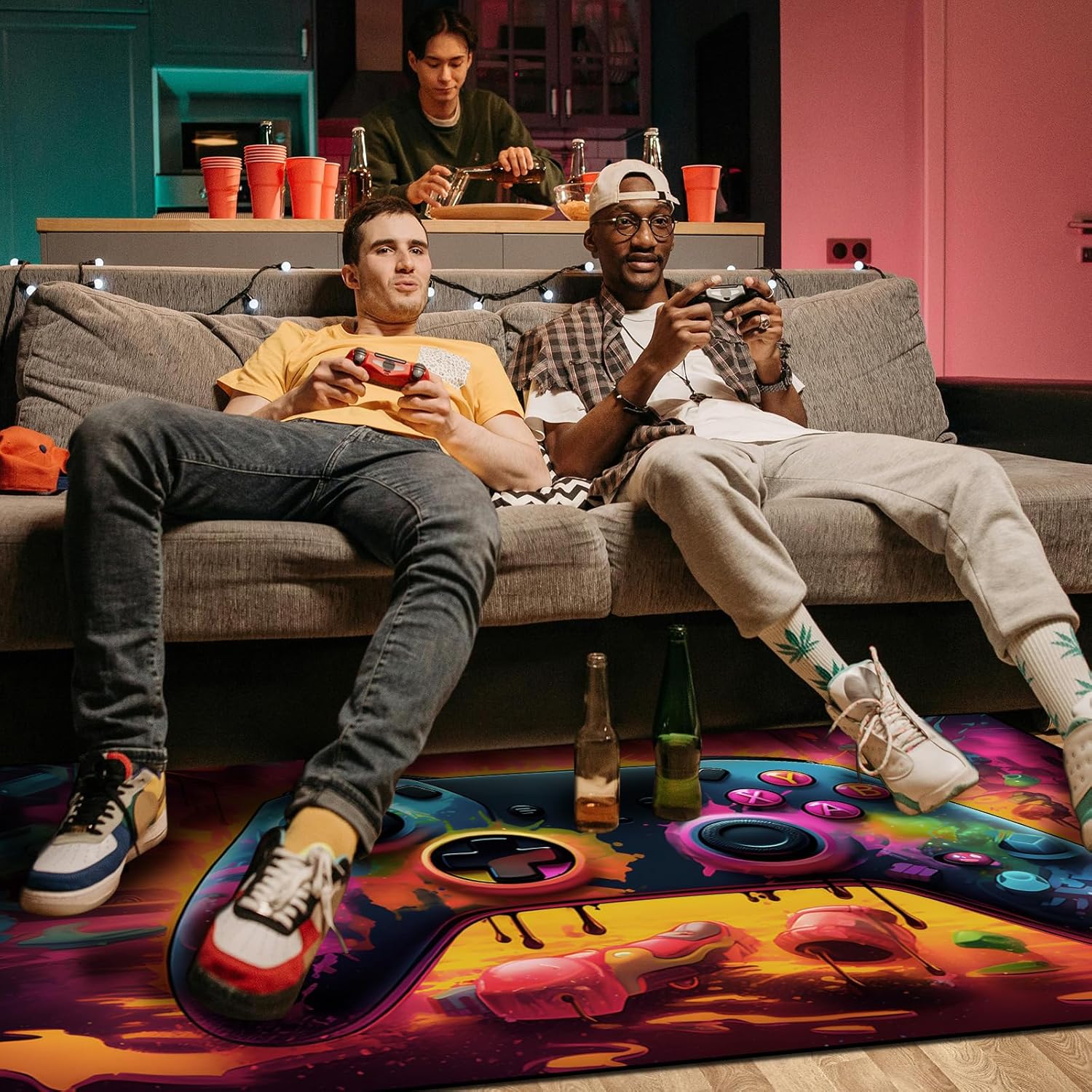 Gaming Area Rug Teen Boys Carpet, Lava Design Gamepad and Colorful Bomb Background Game Controller Design for Game Room, Gaming Room, Boys Girls Bedroom Playroom, Living Room (79"x59" - 200x150cm)