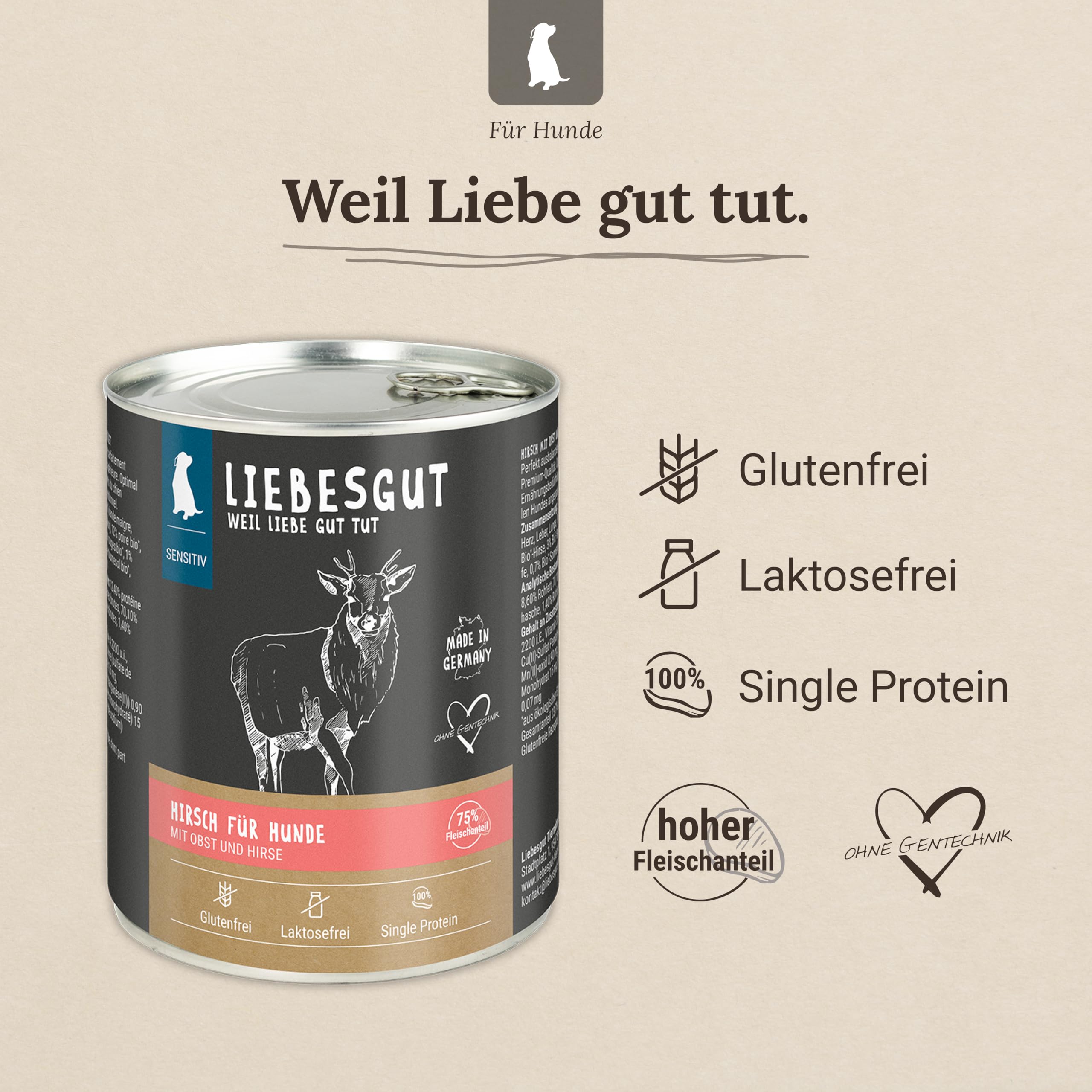 Bio Hundefutter Nass Hirsch mit Obst und Hirse, extra viel Fleisch, 6x800g, produziert in Bayern