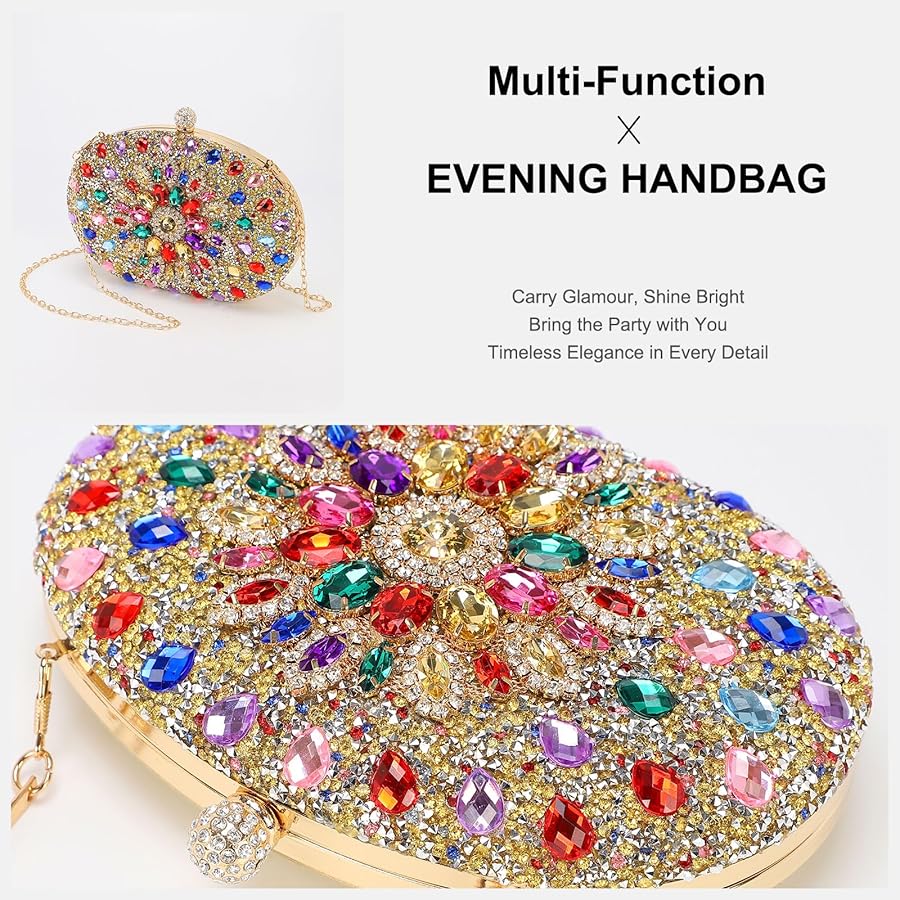 QUARKZMAN Abendtaschen für Frauen, Funkelnde Kristall-Strass Clutch Handtasche mit Kettenschulterriemen für Hochzeit Party Abend Wochenende, Gold Multicolor