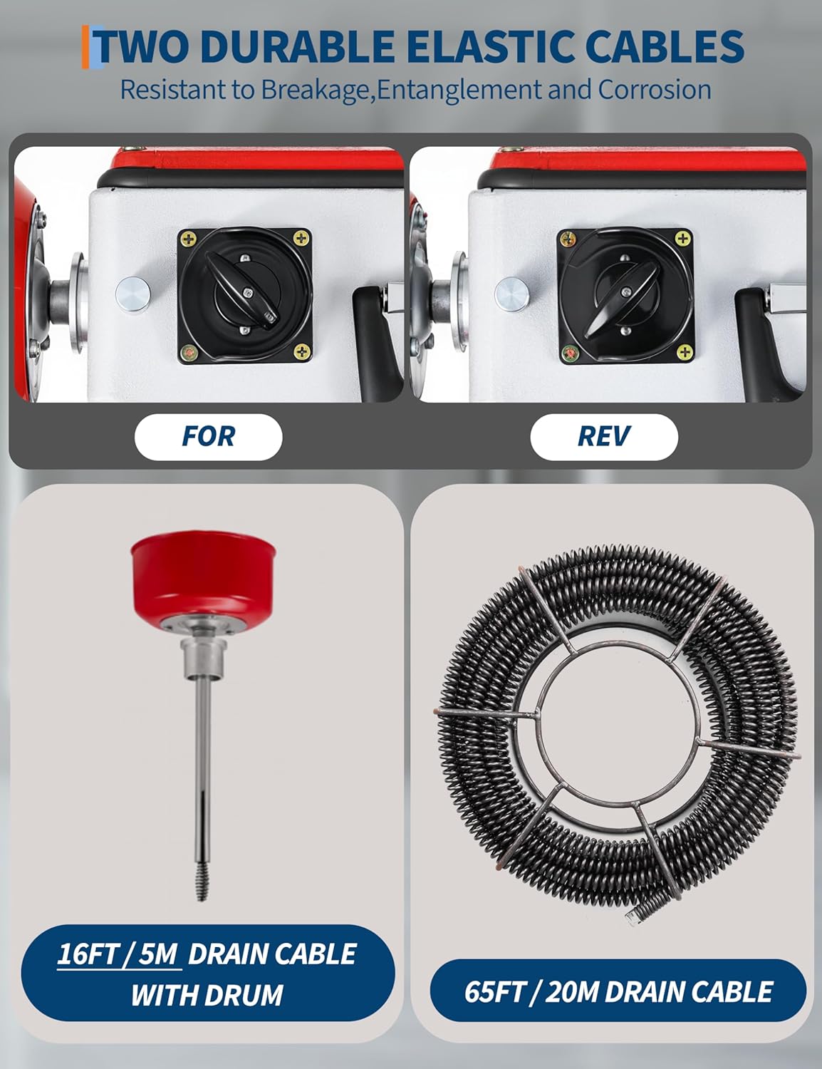 Drain Cleaner Machine with 66FT x 5/8" & 16FT x 3/8" Steel Cables, 7 Cutters, Electric Sewer Snake Drain Auger, 500w Power Drain Cleaner Machine, Auto Feed Pipe Snake for 3/4" to 4" Pipes