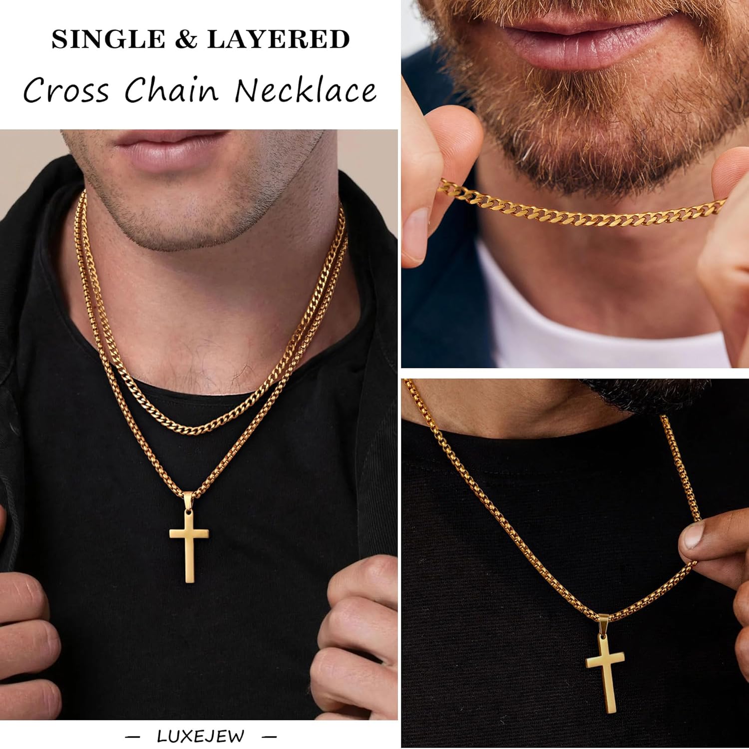 LUXEJEW Cross Necklace for Men Boys - Gold Silver Black Stainless Steel Cross Pendant Necklaces Layered Cuban Link Chain Necklace Jewelry Gifts 16 18 20 22 24 Inches - Image 2