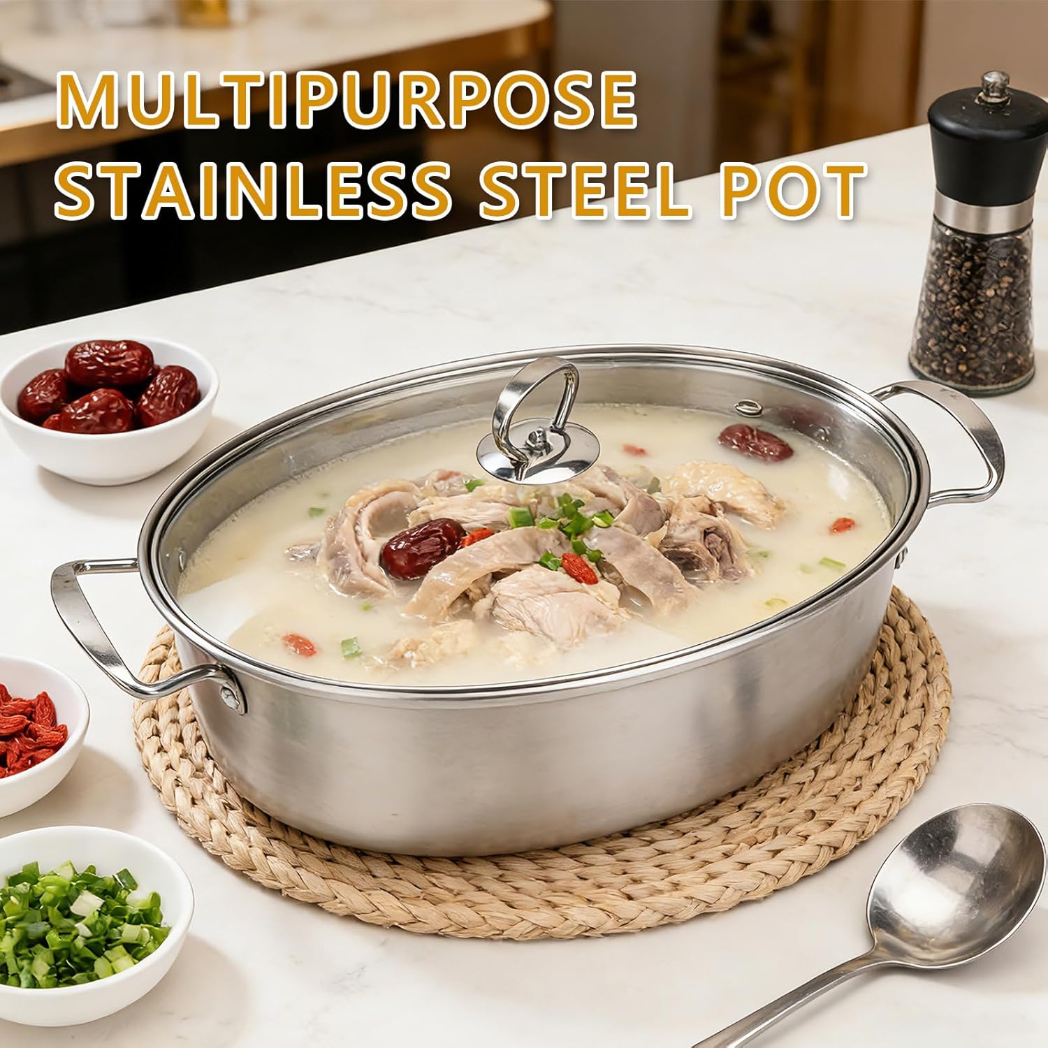 Stainless Steel Oval Fish Steamer - Multi-Use Cooking Pot with Rack, Ceramic Pan & Chuck, Versatile Braiser, Stockpot for Steaming Fish, Boiling Soup & Cooking Pasta