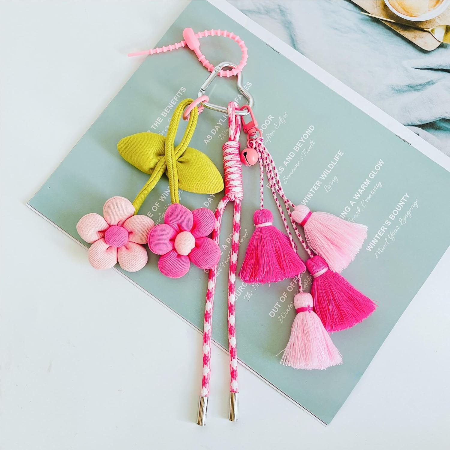 QTMY Boho Flower Tassel Bow Tassel Rope Braided Keychain Bag Charms for Handbag Purse Backpack Accessories for Bogg Bag,912 - Image 8