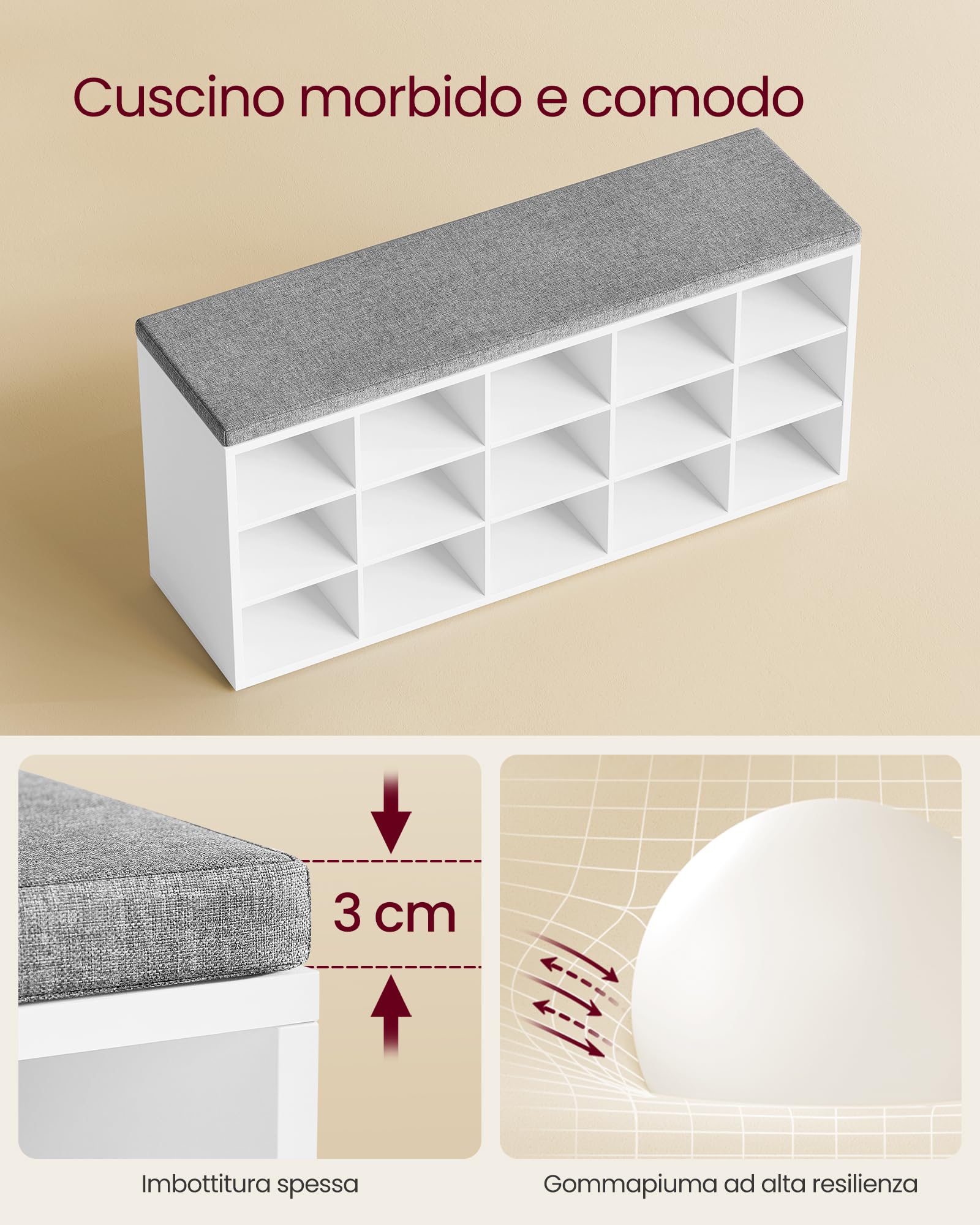 VASAGLE Panca Scarpiera, Scarpiera Ingresso con Seduta Imbottita e 15 Scomparti, Scaffale Porta Scarpe da Ingresso, 30 x 105 x 48 cm, Bianco e Grigio LHS15WT