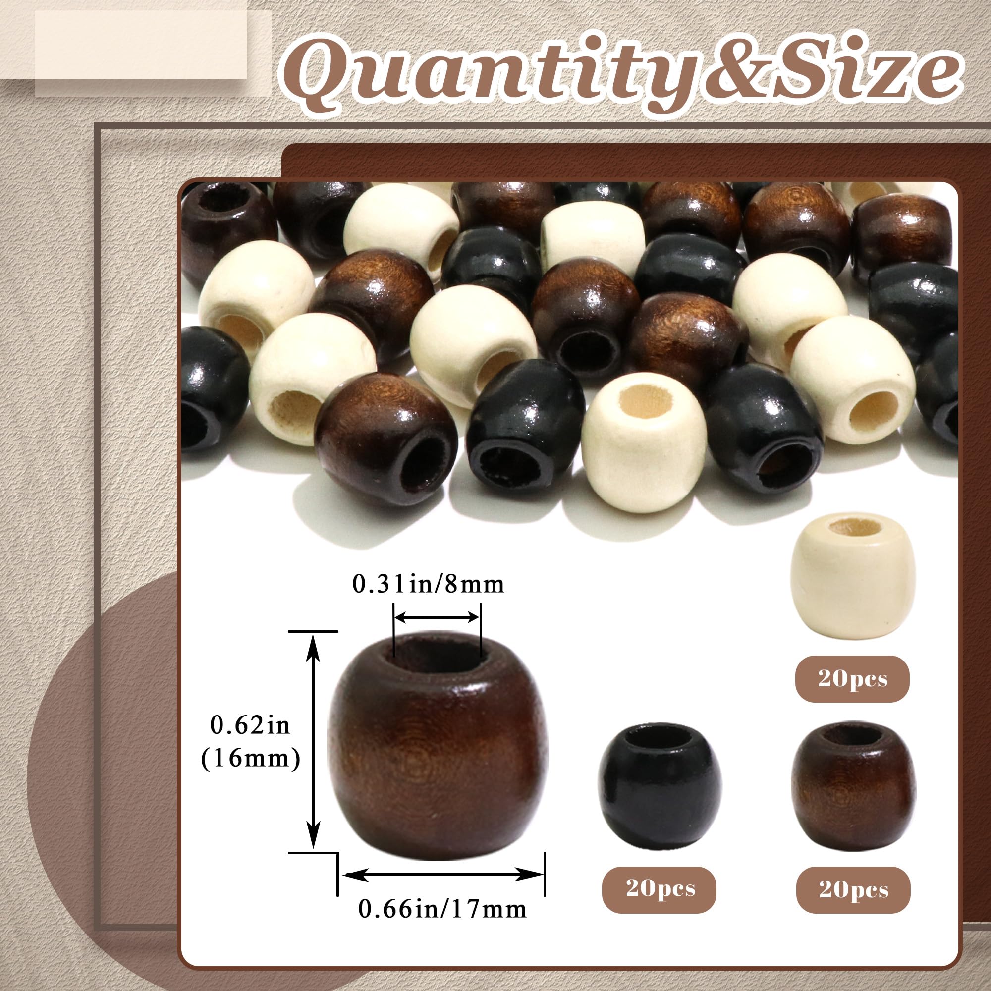 60 cuentas de madera para trenzas, cuentas de tubo largo para cabello, cuentas de madera, accesorios de rastas, cuentas multiforma, decoración del cabello para mujeres y hombres
