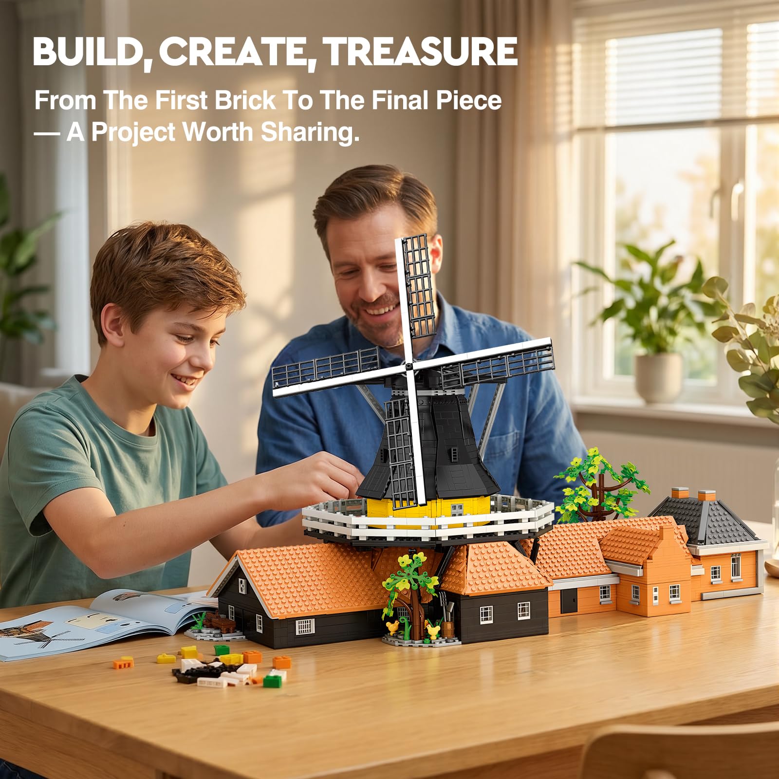 Reobrix 55019 Niederländische Windmühle Architektur Klemmbausteine Erwachse | Großes Windmühlenmodell mit Drehbare Windmühlenflügel, Gestaltete Landschaft mit Pflanzen, Wegen, Dekorationen, Sammlermodell