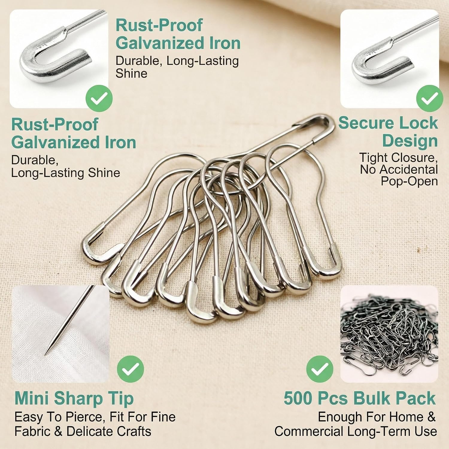 500Pcs Metal Gourd Safety Pins Small Steel Wire Craft Clothing Tag Pin Clip Buttons Clothing Trimming Fastener Tool DIY Home Accessories (Silver) image 3
