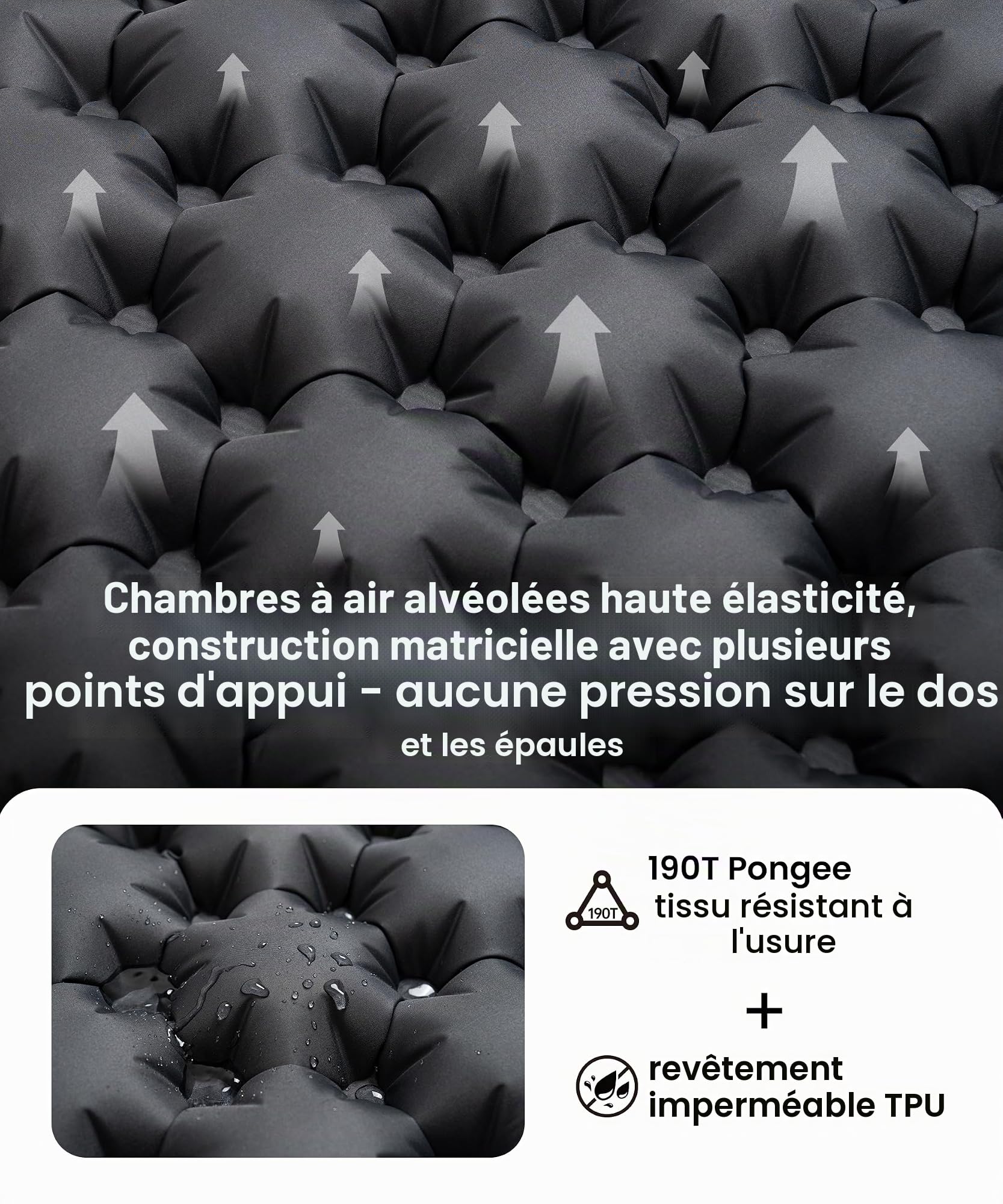 OneTigris BLACKCRYSTAL Matelas isolant autogonflant ultra léger, oreiller et matelas gonflable compact pour tente, camping, tourisme et randonnée