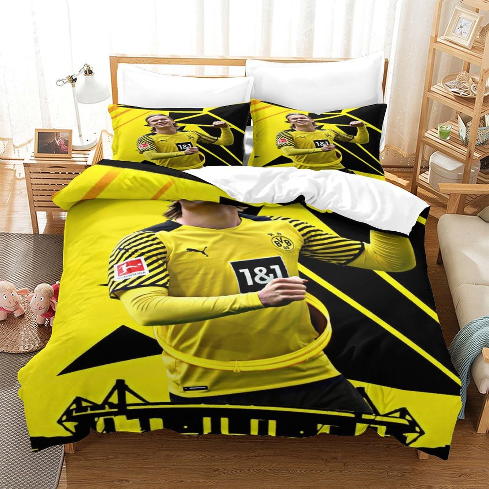 MJCZEGDCR 3D Bedding Erling Haaland Print Duvet Cover Set Soft Microfiber Duvet Cover with Pillowcases with Zipper Closure 2Pcs for Kids Teens Adults King（220x240cm）