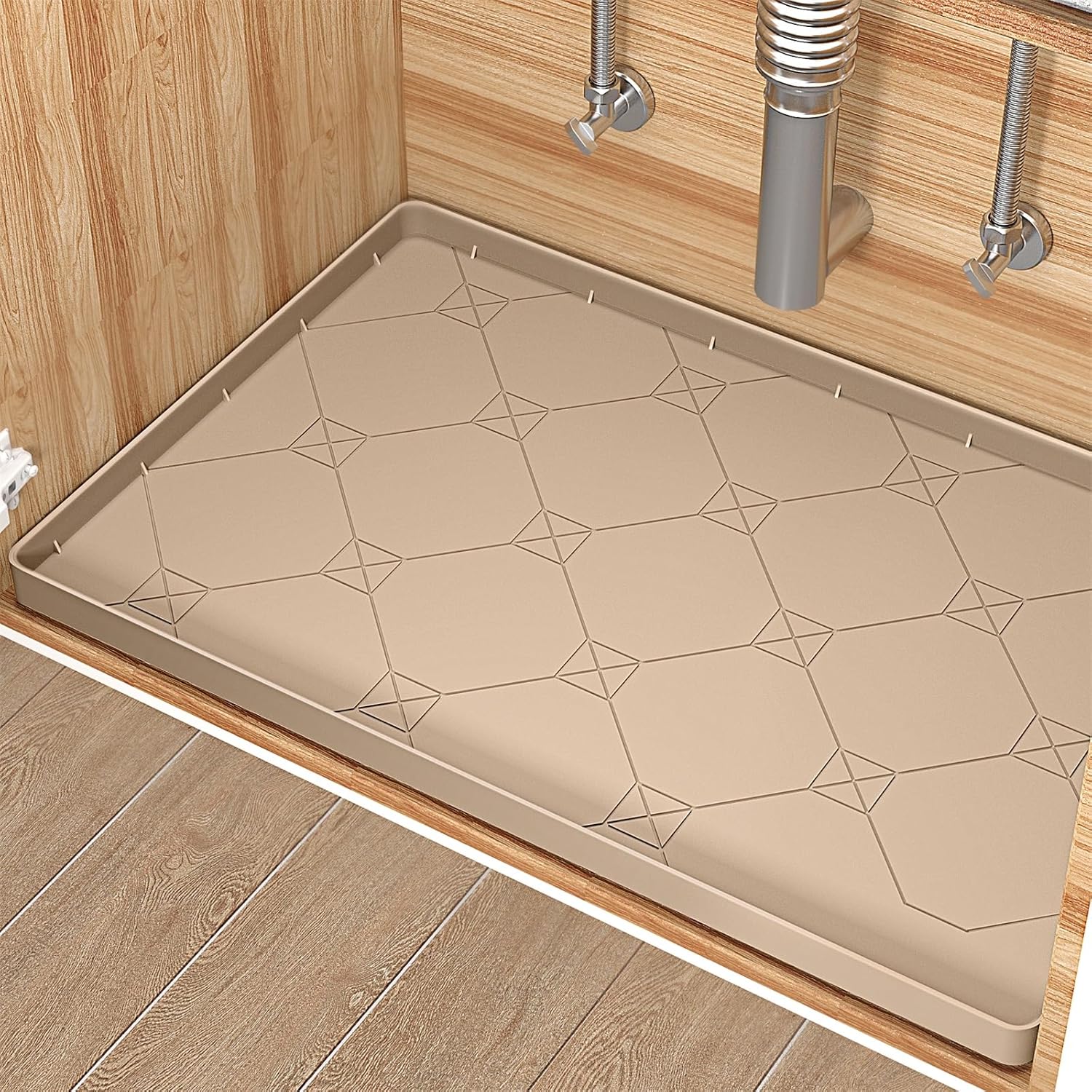 under sink mats for kitchen waterproof, 34" × 22" silicone under sink liner drip tray, cabinet protector mat for drips, leaks, spills, fits 36'' standard bathroom cabinets 1'10" x 2'10" (rectangular) tan