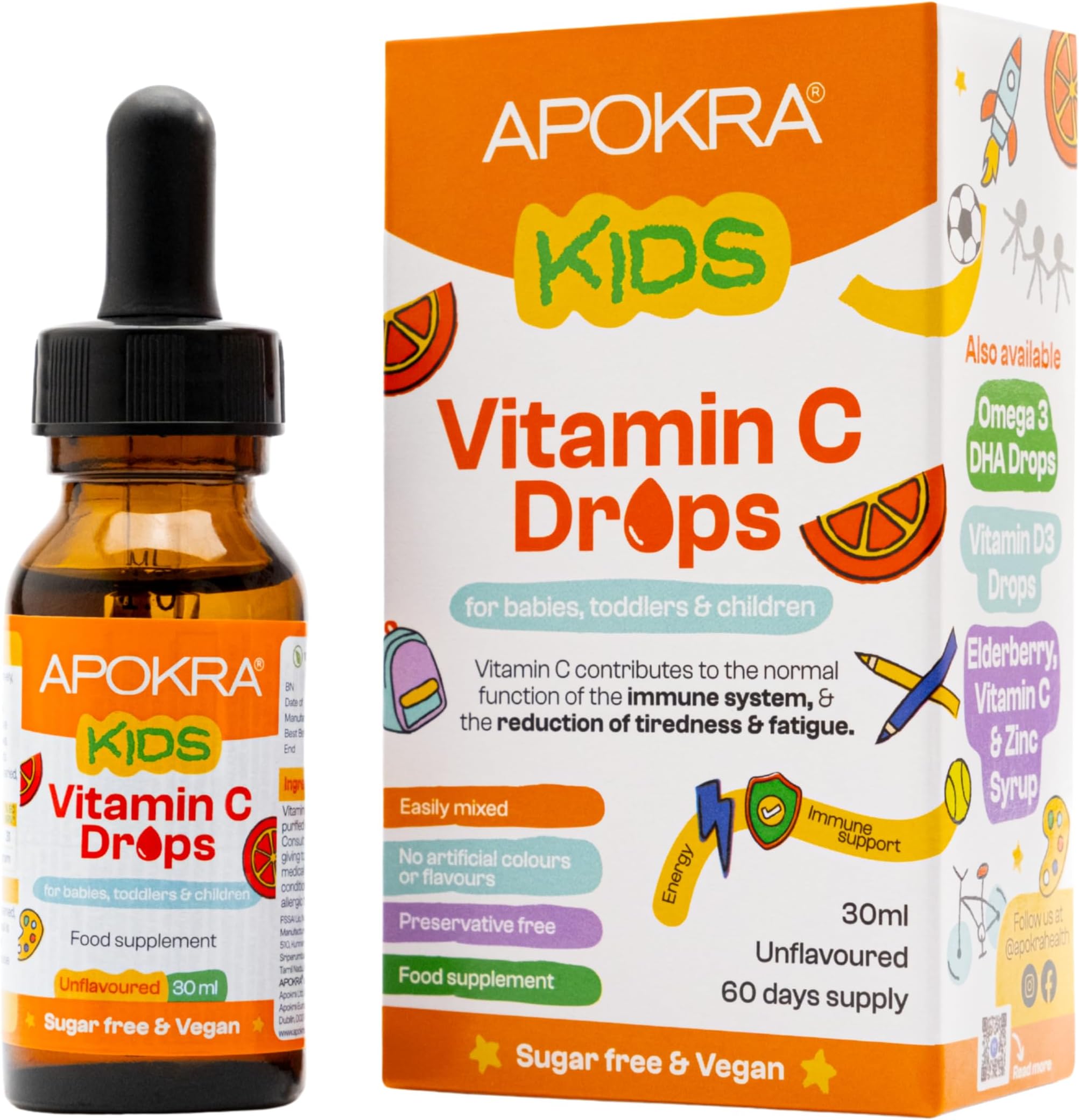 APOKRA Vitamin C Drops - Vegan - 60 Days Supply – 30mL – Preservative Free and Sugar Free Vitamin C for Kids - VIT C 25mg per 0.5mL | Memoraid Kids