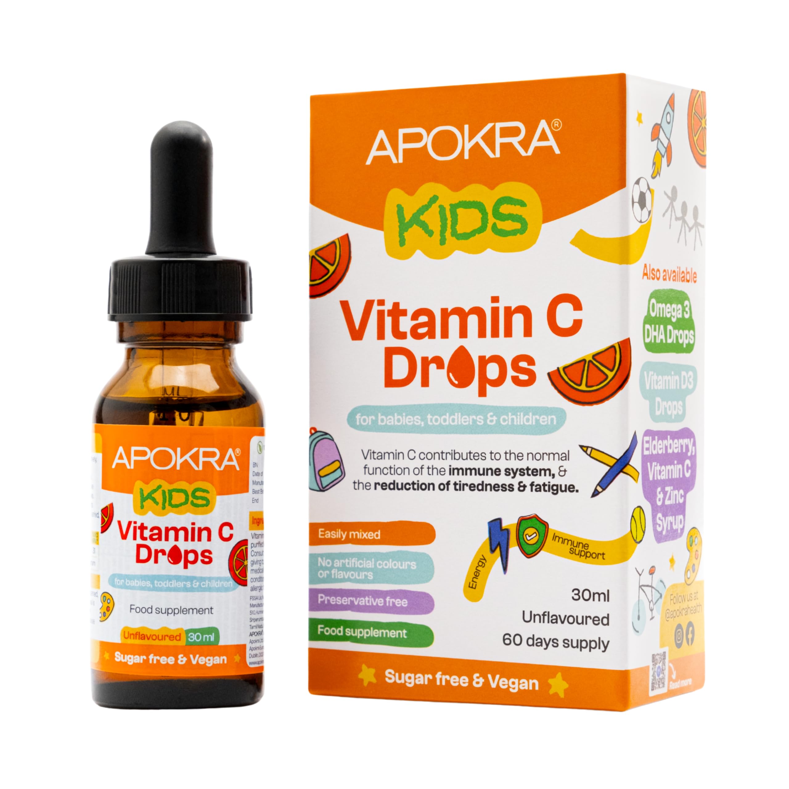 Vitamin C Drops - Vegan - 60 Days Supply – 30mL – Preservative Free and Sugar Free Vitamin C for Kids - VIT C 25mg per 0.5mL | Memoraid Kids