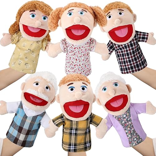 Lenwen Juego de 6 marionetas de mano de la familia de 11.8 pulgadas con boca movible, marionetas de mano de felpa suave para niños y niñas,