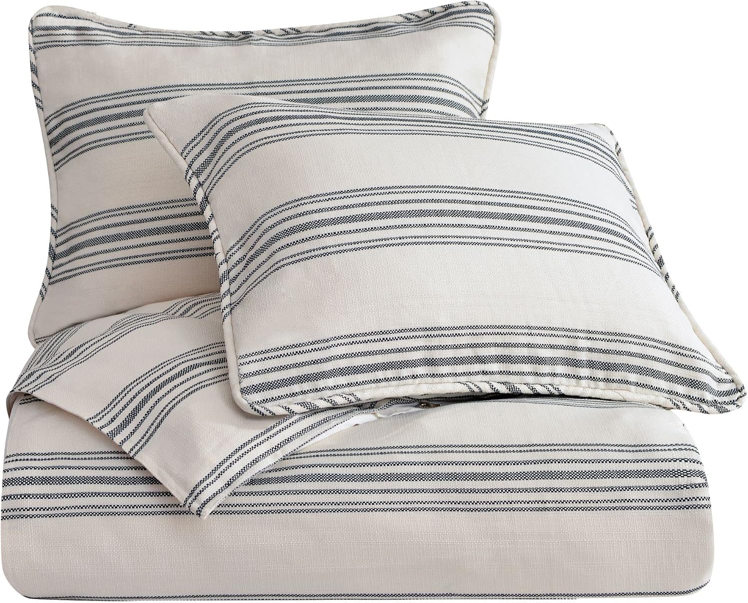 HiEnd Accents BlackBerry Farmhouse Bedding, 3 Piece Queen Size Striped Comforter Set with Pillow Shams, Ivory Black Ticking Stripes Pattern, Chic Casual Coastal Boho Style Bed Set