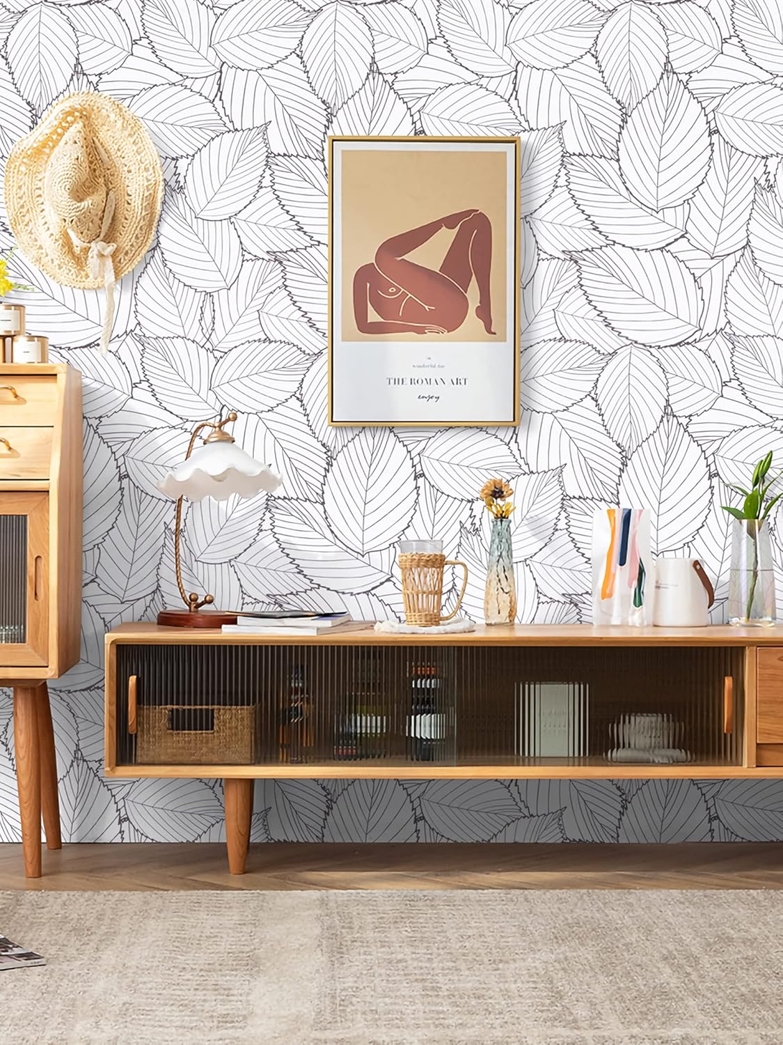 Kitico Gray Leaf Peel and Stick Wallpaper Leaf Removable Self Adhesive Wallpaper 17.7"x393.7"Gray and White Leaves Contact Paper Waterproof Vinyl Wall Paper for Wall Cabinet Shelf Drawer Liner