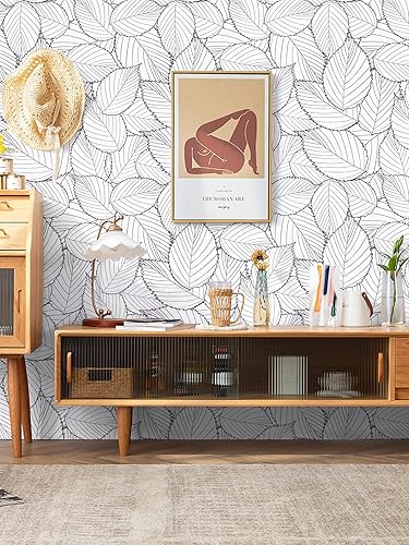 Miniatura 6 de Kitico Papel tapiz de hojas grises de 17.7 x 197 pulgadas, papel tapiz moderno de hojas grises para despegar y pegar, extraíble, autoadhesivo, papel