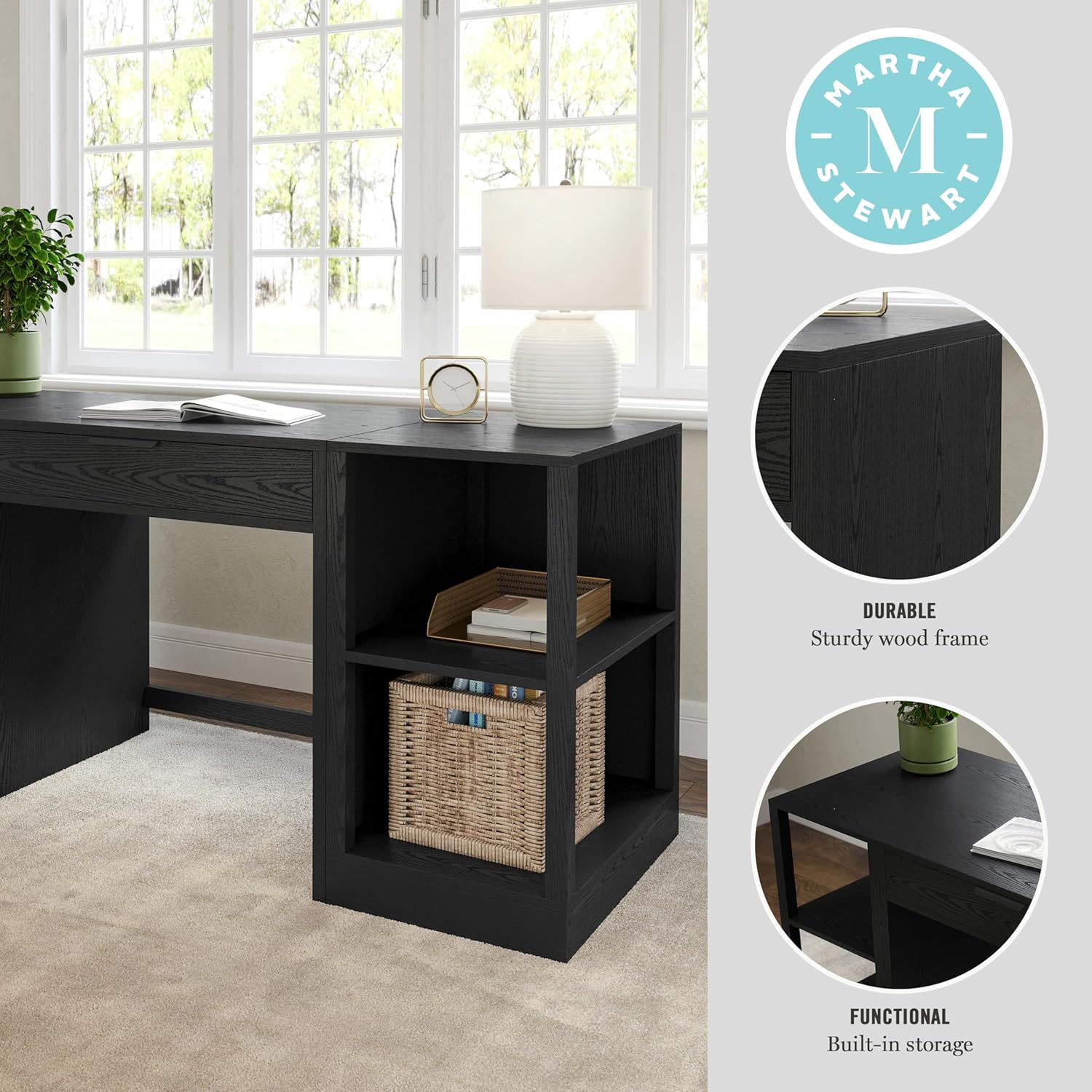Martha Stewart Kayden Home Office Modular Desk with Drawer and Dual 2 Tier Shelves in Black with Oil Rubbed Bronze Hardware