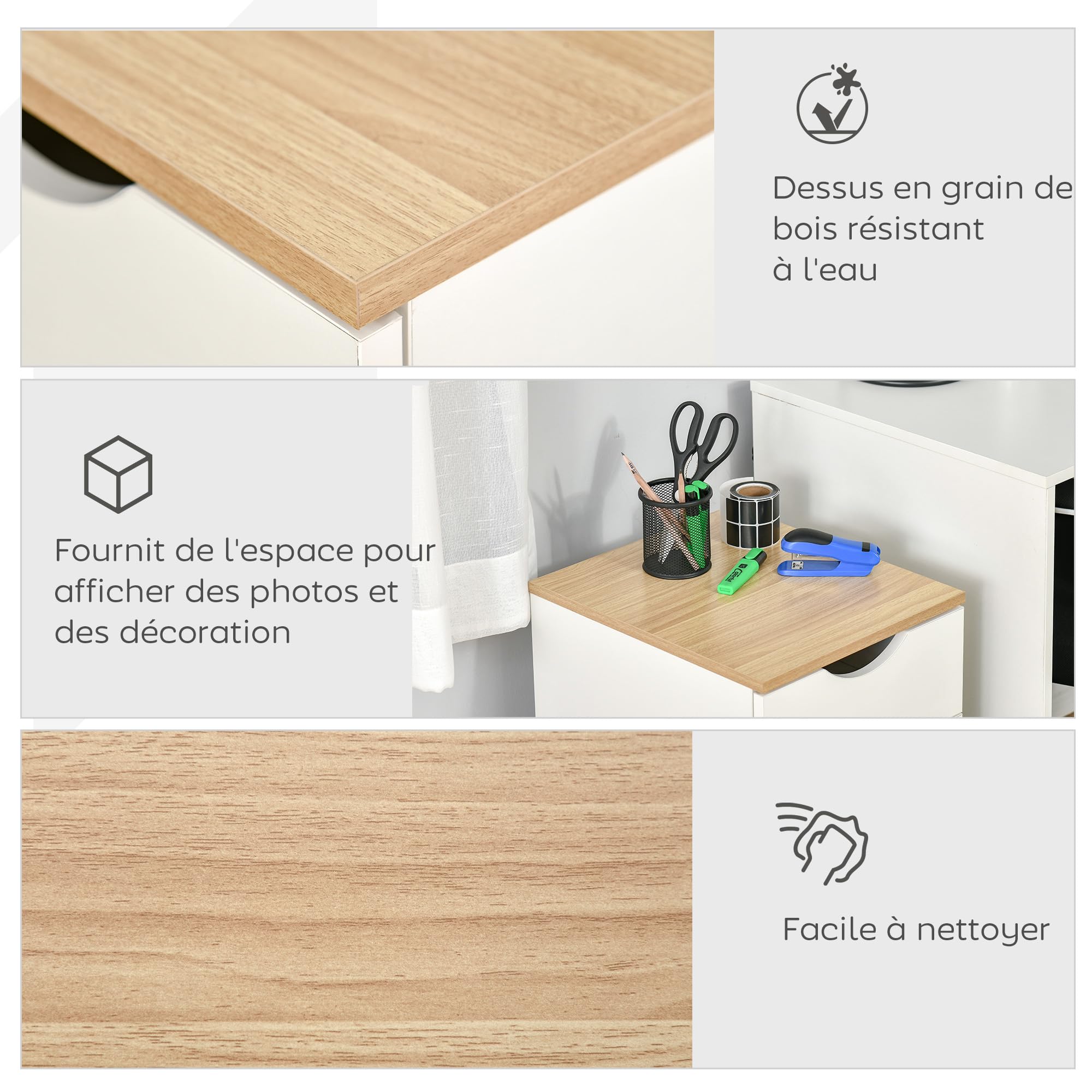 HOMCOM Caisson de Bureau, Rangement Bureau sur roulettes avec 3 tiroirs coulissants, 34 x 40 x 60,5 cm, Blanc et Effet Bois Naturel