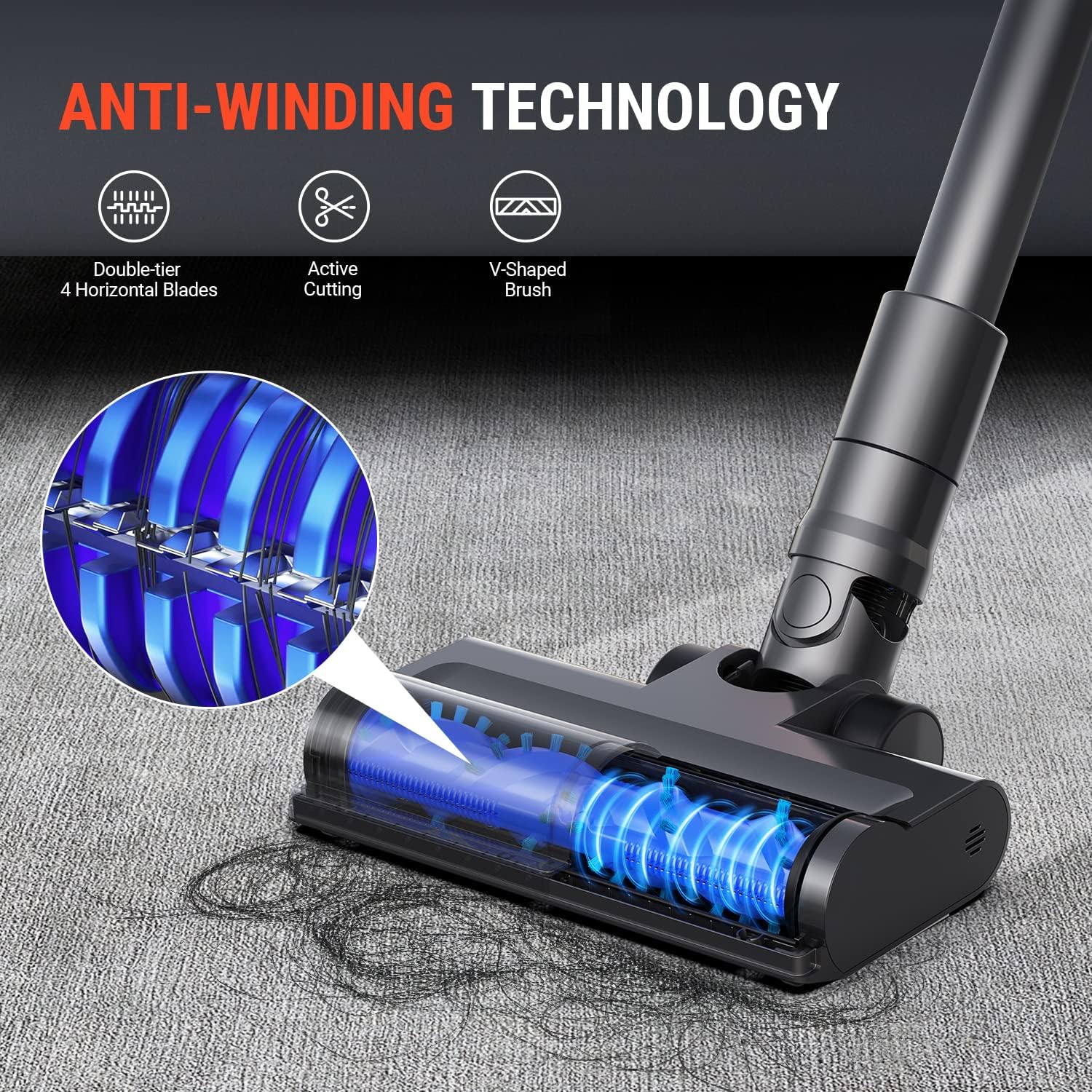 Detailed view of the OSOTEK S11's anti-winding technology with double-tier 4 horizontal blades and a V-shaped brush, designed for active cutting of hair.