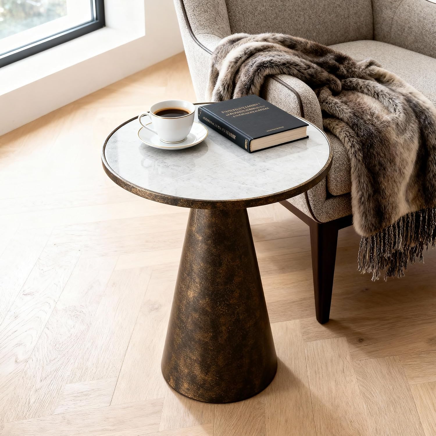 Black Brass Pedestal End Table with White Marble Top, 16x16x23 Round Side Drink Table for Living Room, Vintage Industrial Metal Stand for Couch & Accent Chairs in Small Spaces