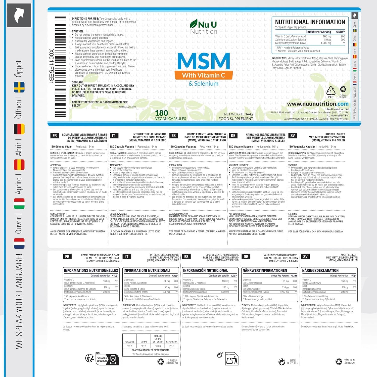MSM avec Vitamine C et Sélénium - 180 Gélules Vegan - Méthylsulfonilméthane Haute Puissance - Fabriqué en Europe - Nu U Nutrition