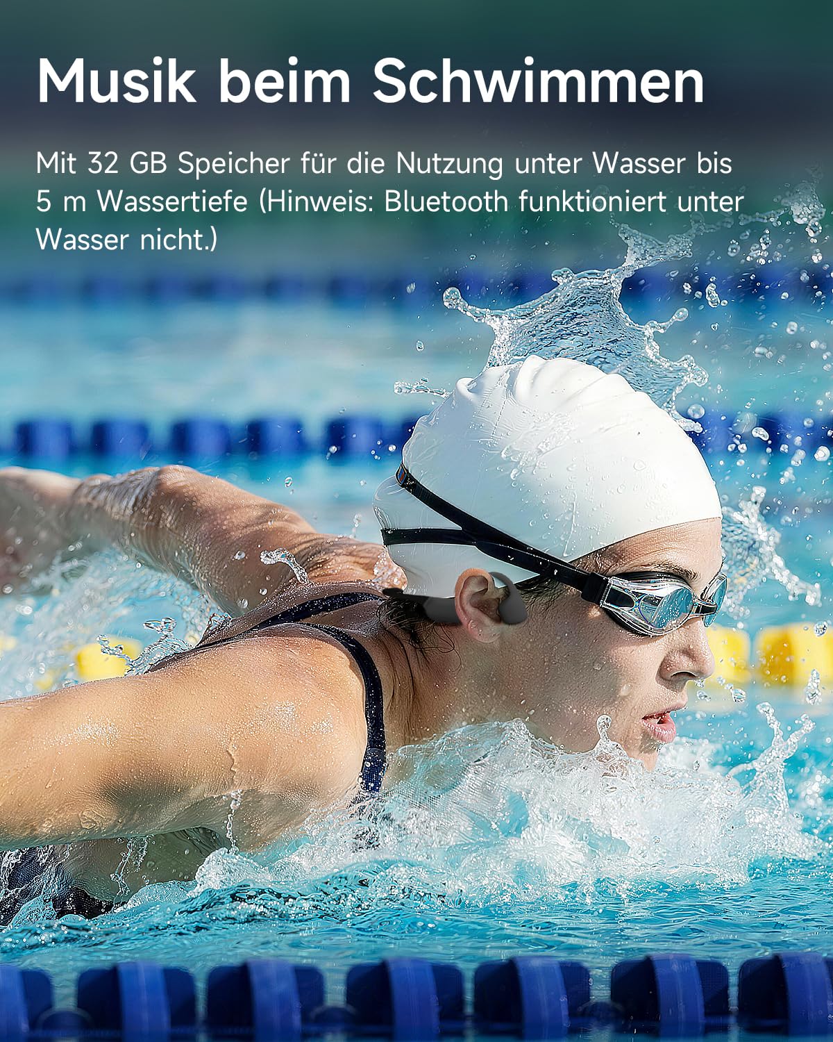 Kopfhörer Schwimmen, IP68 knochenschall Unterwasser Kopfhörer, 32GB MP3 Player, Bluetooth 6.0 Sport Kopfhörer aus Weichem Silikon, 10 Std Wiedergabe für Schwimmen Laufen und Surfen
