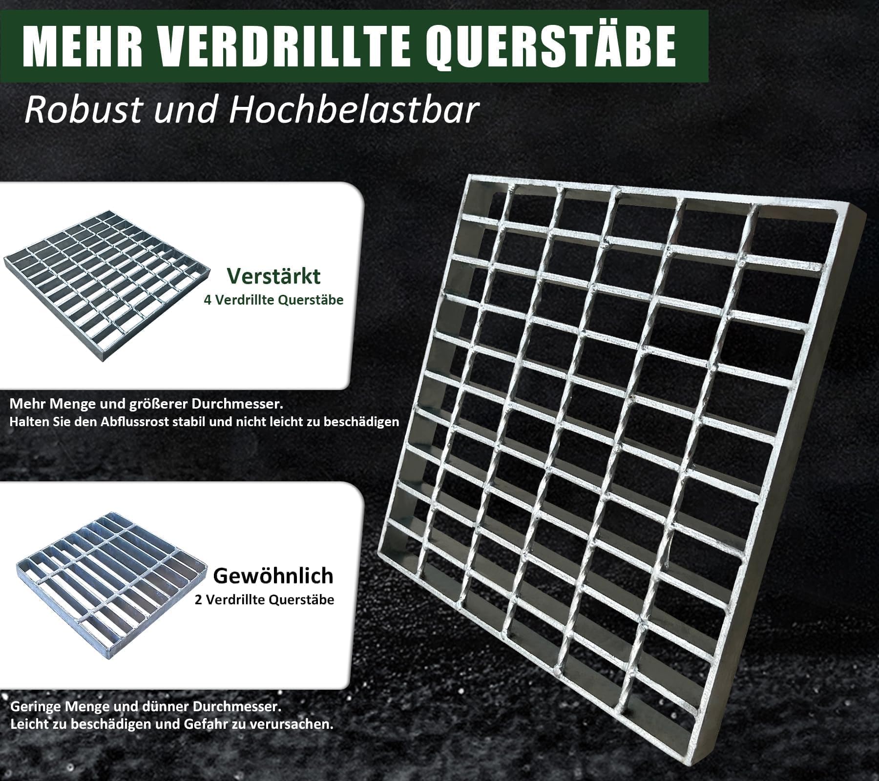 Gitterrost Verzinkt 400x400x30 mm MW: 30/50 mm Tragstab 30/3 mm Metallgitter Gitter Abflussgitter Einlaufgitter Gully‑Gitter für Bodenablauf Hofablauf Feuerverzinkt Rostfrei Quadratisch