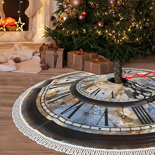 Falda de árbol de Navidad de 48 pulgadas con ribete de flecos, tapete de árbol de reloj steampunk para árbol de Navidad, decoración rústica para