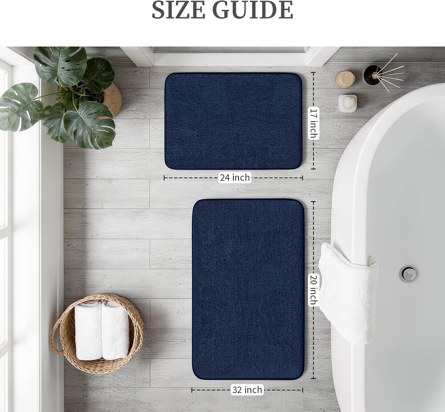 Memory Foam Bathroom Rugs Sets 2 Piece - 0.87" Thick Soft Towel-Like Absorbent Bath Mat Set, Non Slip Machine Washable Bath Rugs Carpet for Bathroom Floor, Tub and Shower (32"x20"+24"x17", Dark Blue)