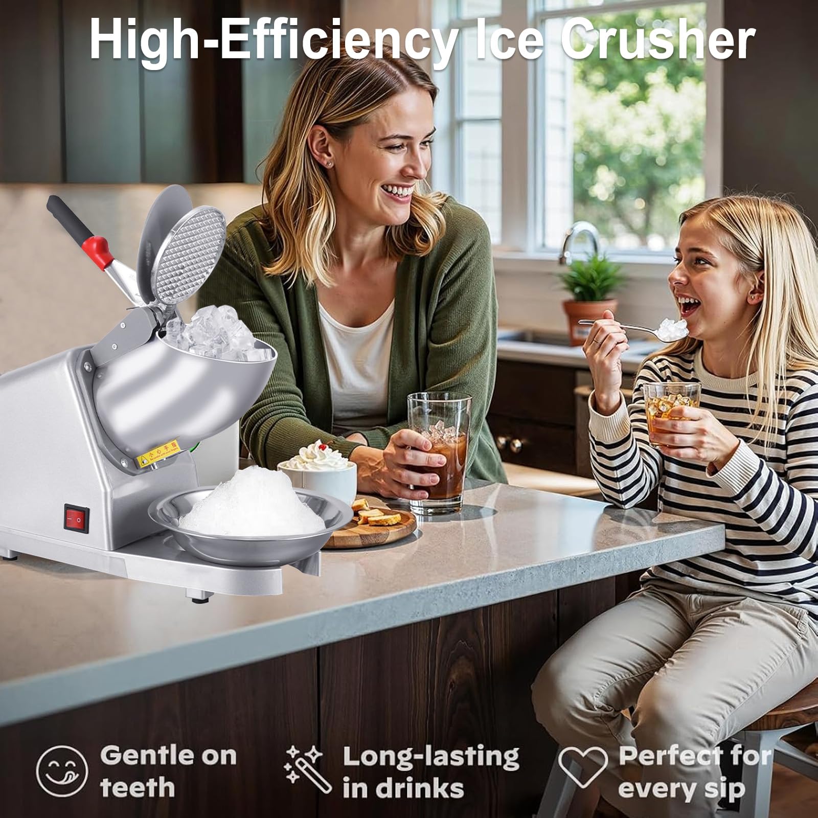 Macchina elettrica per tritare Il Ghiaccio, 85 kg/h, tritaghiaccio in Acciaio Inossidabile con 2 Lame, 380 W, 2200 Giri/min, Macchina per tritare Il Ghiaccio per la Preparazione di frullati