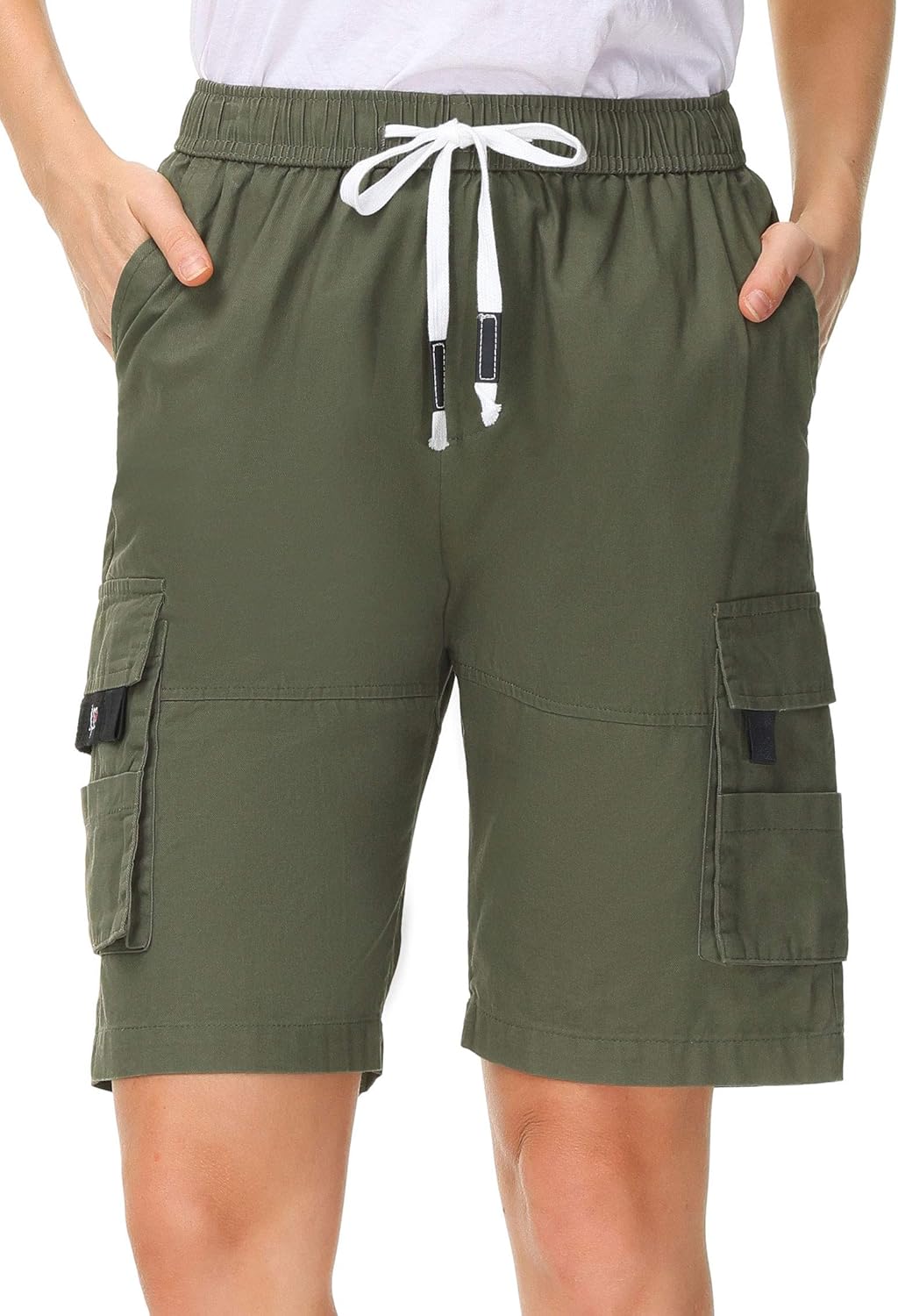 HOW'ON Women's Casual Loose Fit Twill Bermuda Cargo Shorts Multi Pocket Straight Shorts
