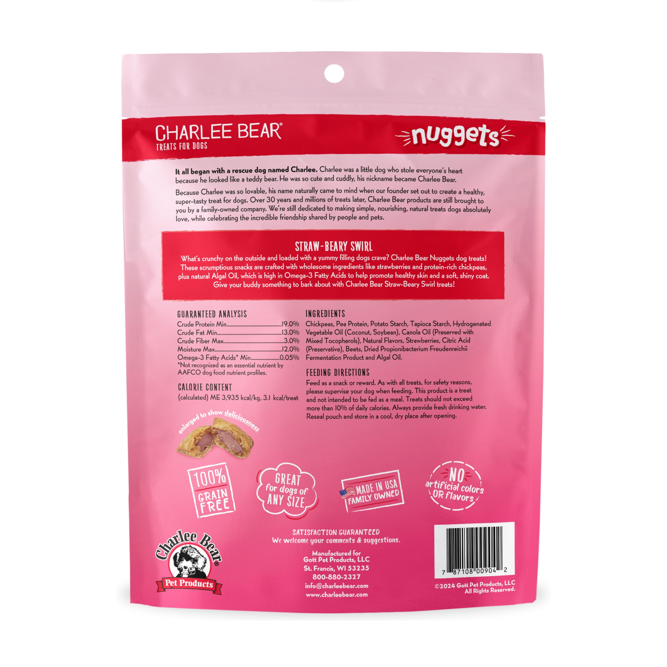 Charlee Bear Nuggets Knusprige und weiche Hundeleckerlis, Strawbeary Swirl, 170.1 g wiederverschließbarer Beutel, Haut- und Fellunterstützung, getreidefrei, kalorienarm, gesunde Hundesnacks