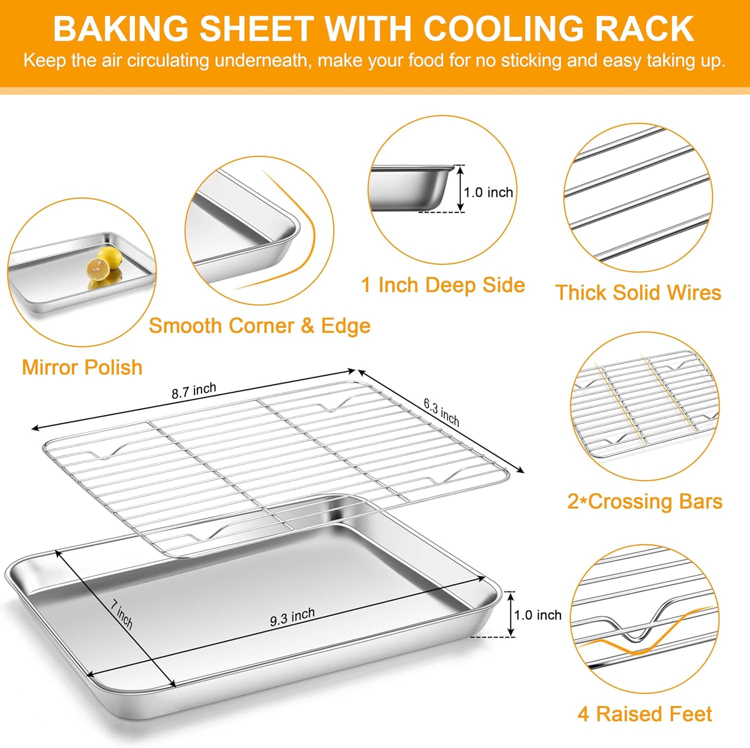 Homikit Baking Sheet with Wire Rack, 9 x 7 Inch Stainless Steel Cookie Sheets for Baking, Small Baking Pan with Cooling Rack, Nonstick Metal Mini Toaster Oven Bacon Tray, Rust Free & Dishwasher Safe - Image 2
