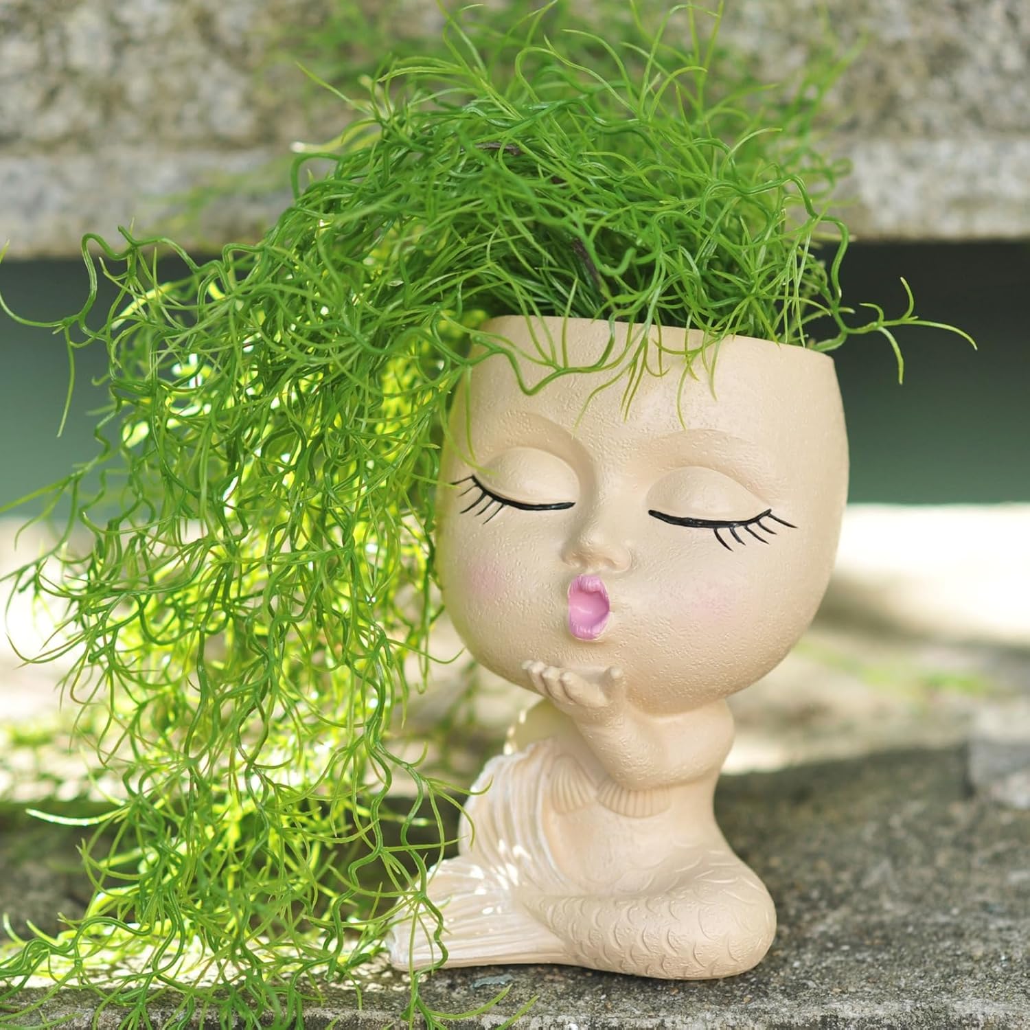 Face Planters Pots Head Kiss Girl Mermaid Statue Flower Pot Resin Head Planters for Indoor Plants Cute Vase Home Decor with Drainage Hole (Khaki)