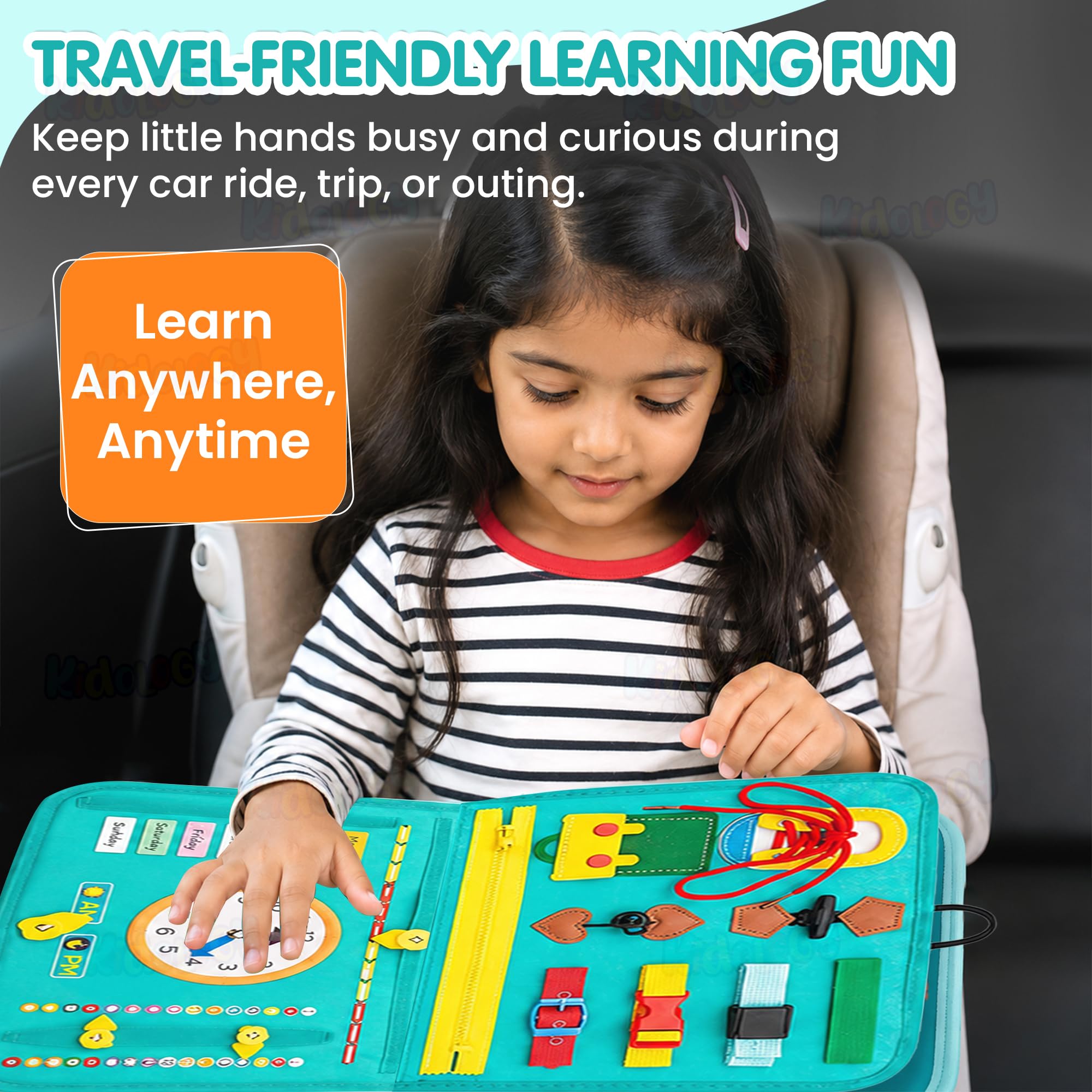 Kidology Montessori Busy Board Toy To Develop Basic Skills|Educational Sensory Board Travel Toys For Plane Car Aged 3+ Kids|Activity Parents-Kids Travelling Toys|Multicolor 4