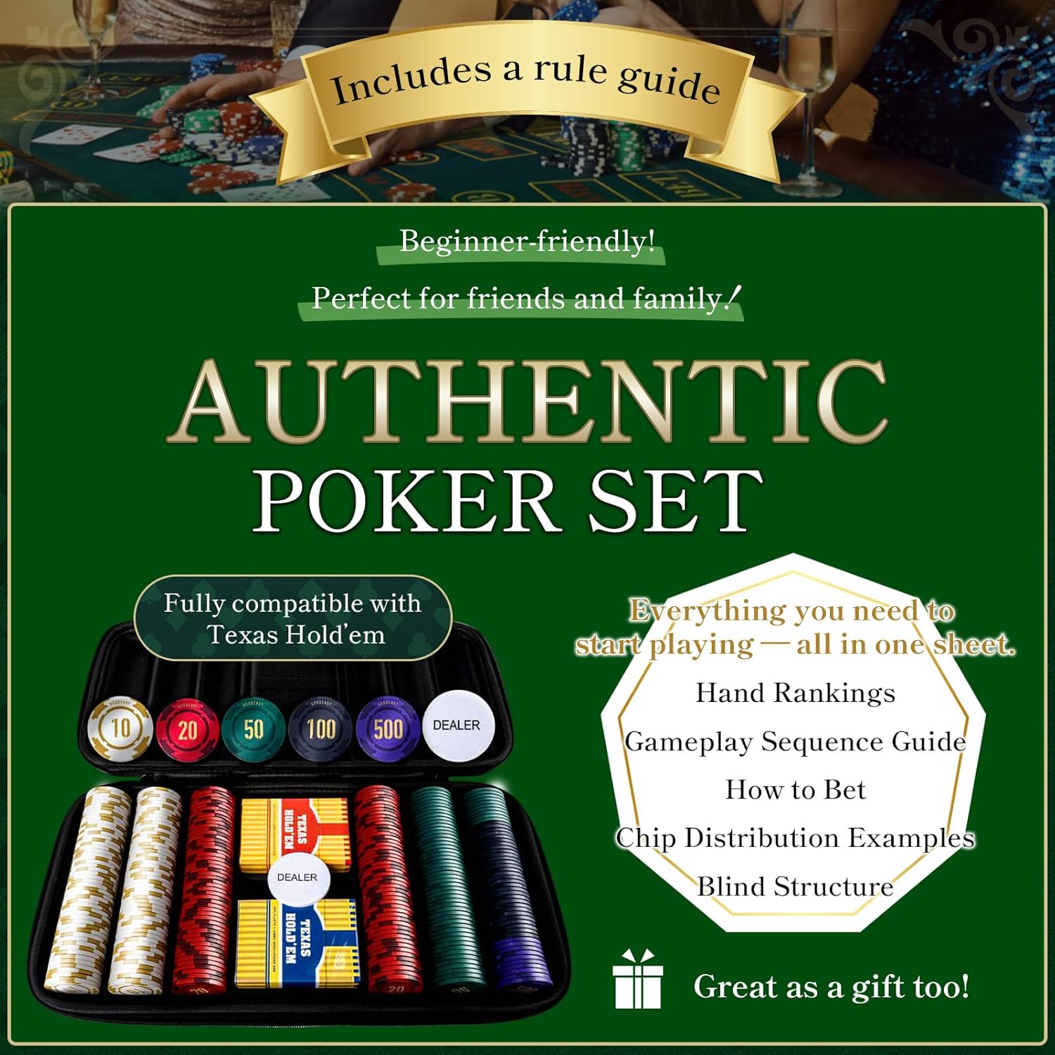 10g Ceramic Poker Chip Set 300PCS – Professional Casino-Grade Poker Set with 2 Decks of Cards & Lightweight EVA Carrying Case, Ideal for Home Games and Gifts