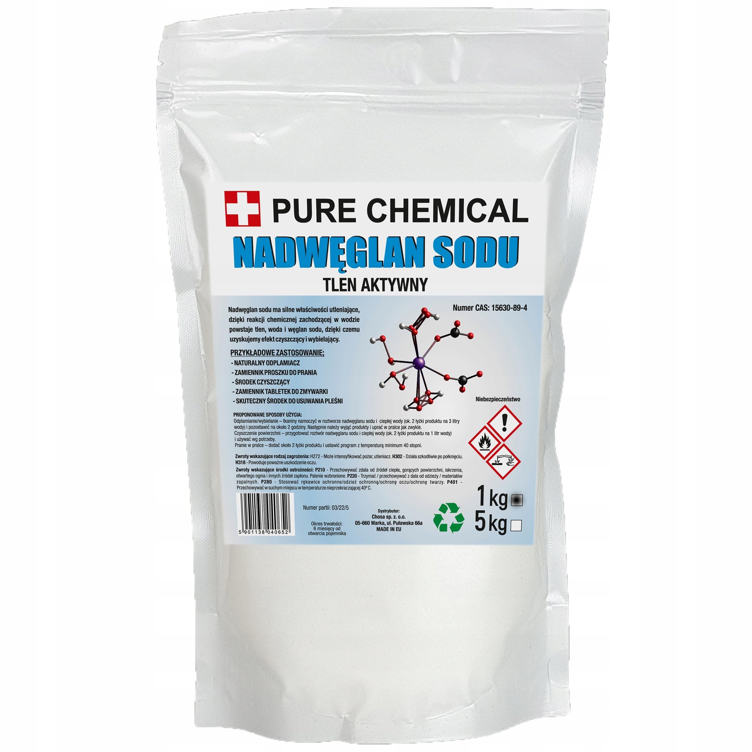CHOSA Natriumpercarbonat Pulver zum Waschen 1 kg - Aktiver Sauerstoff 100% Reine - Sauerstoffbleiche Pulver für Wäsche - Waschmittel Fleckentferner - Fleckenbehandlung aus Textilien, 1000g Standbeutel