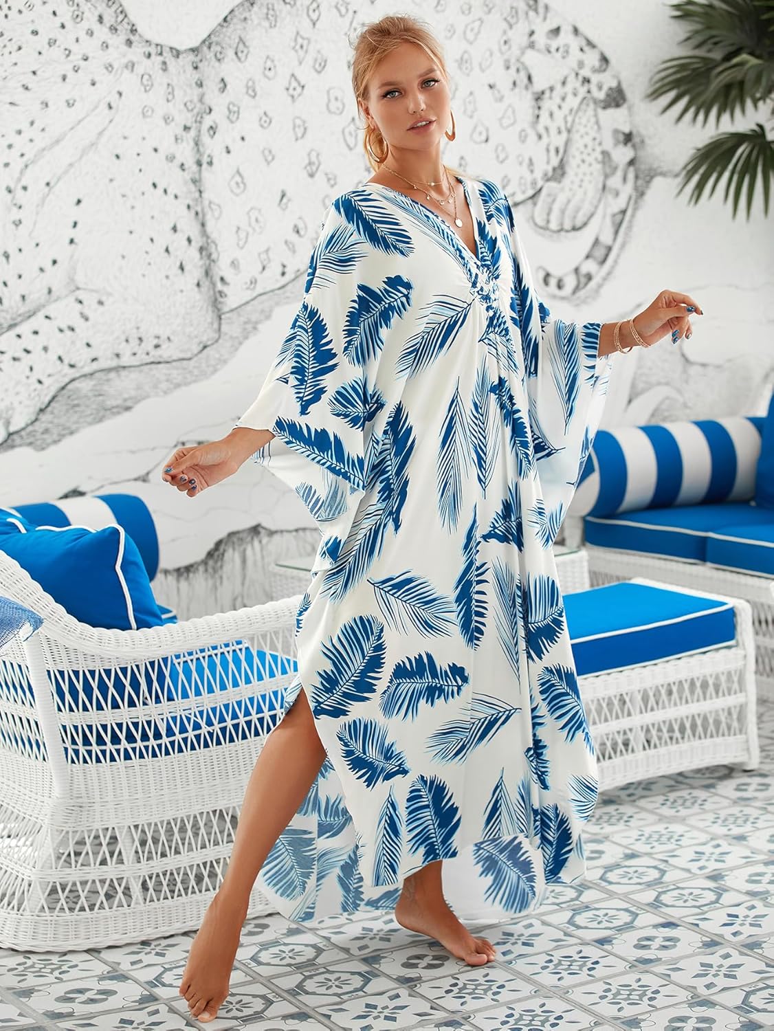 Moss Rose Caftan Coverup Dresses for Women V Neck Summer Swimsuit Kaftan Plus Size Maxi Beach Vacation Clothes - Image 4