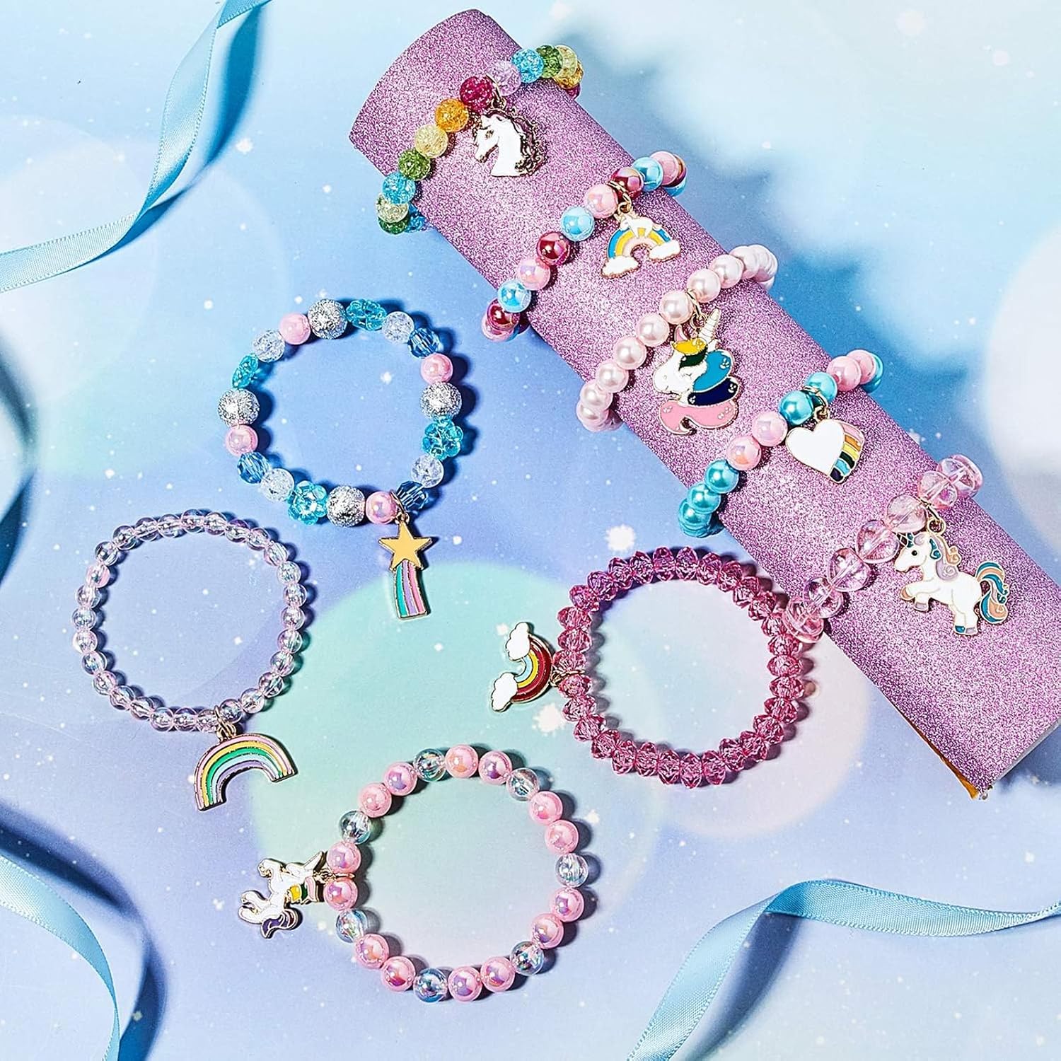 Hicarer 9 Pcs Unicorn Rainbow Bracelets Beaded Jewelry for Unicorn Party Favors Gala Accessories Piñata Stuffers Goodie Bag Fillers Gift(Bead Style) image 5