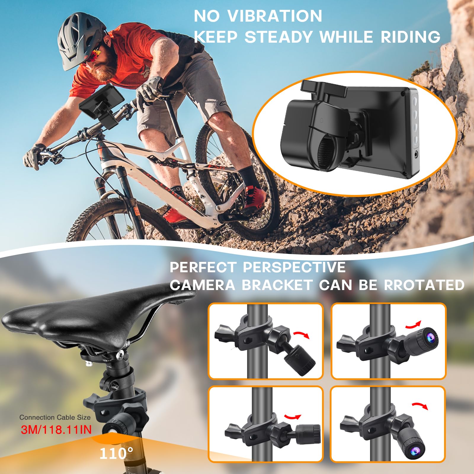 PARKVISION Miroir à vélo Rétroviseur de caméra arrière avec véritable écran AHD 1080p de 4,3", 8000mah Batterie Rechargeable vélo Guidon Miroir avec Excellente Vision Camera Velo Arriere