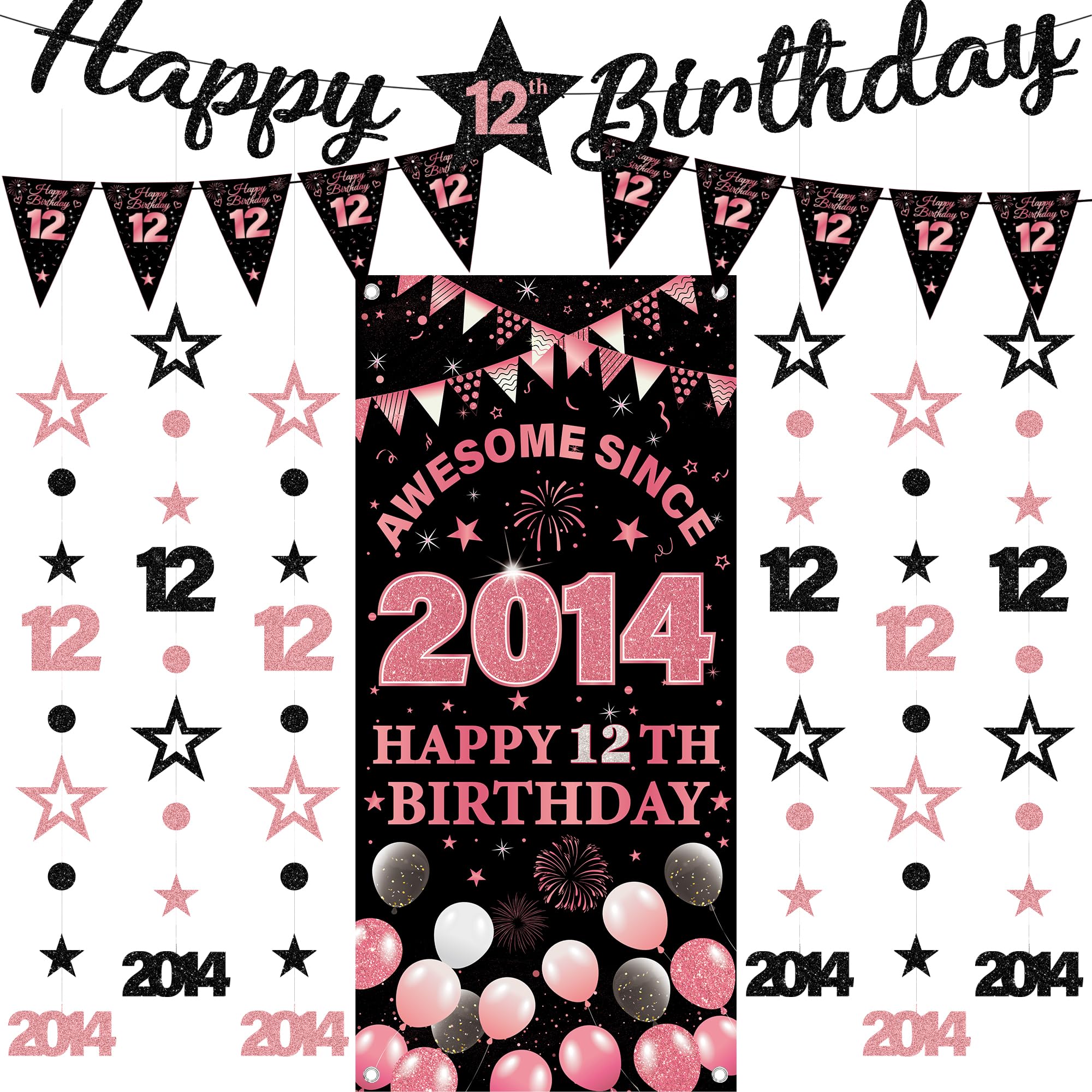 12th Birthday Decorations Girls Banners - 9 Pcs Black Rose Gold Happy Birthday Banner Awesome Since 2014 Curtain Twinkle Star Dot Hanging Streamer Pennant for 12 Years Old Party Wall Decor Supplies