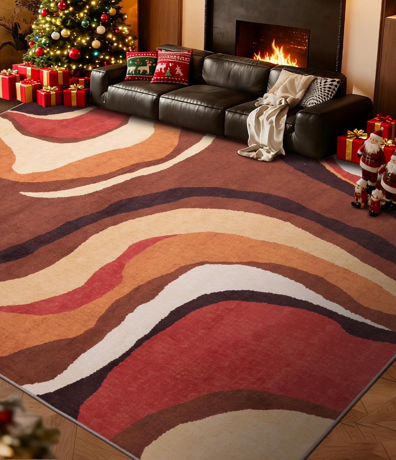 YIHOUSE Burnt Orange Rug 8x10 Washable,Alfombras para Salas,Farmhouse Brown Retro Carpets,Geometric Abstract Wavy Rug for Living Room,Unique Colorful Rugs for Bedroom,Dining Room Abstract Earth 8' x 10' (Rectangular)