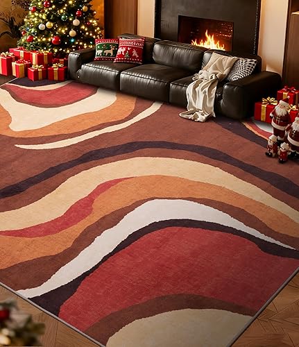 YIHOUSE Alfombra naranja quemada lavable de 8 x 10 pies, alfombras para salas, alfombras retro de granja, alfombra ondulada abstracta geométrica