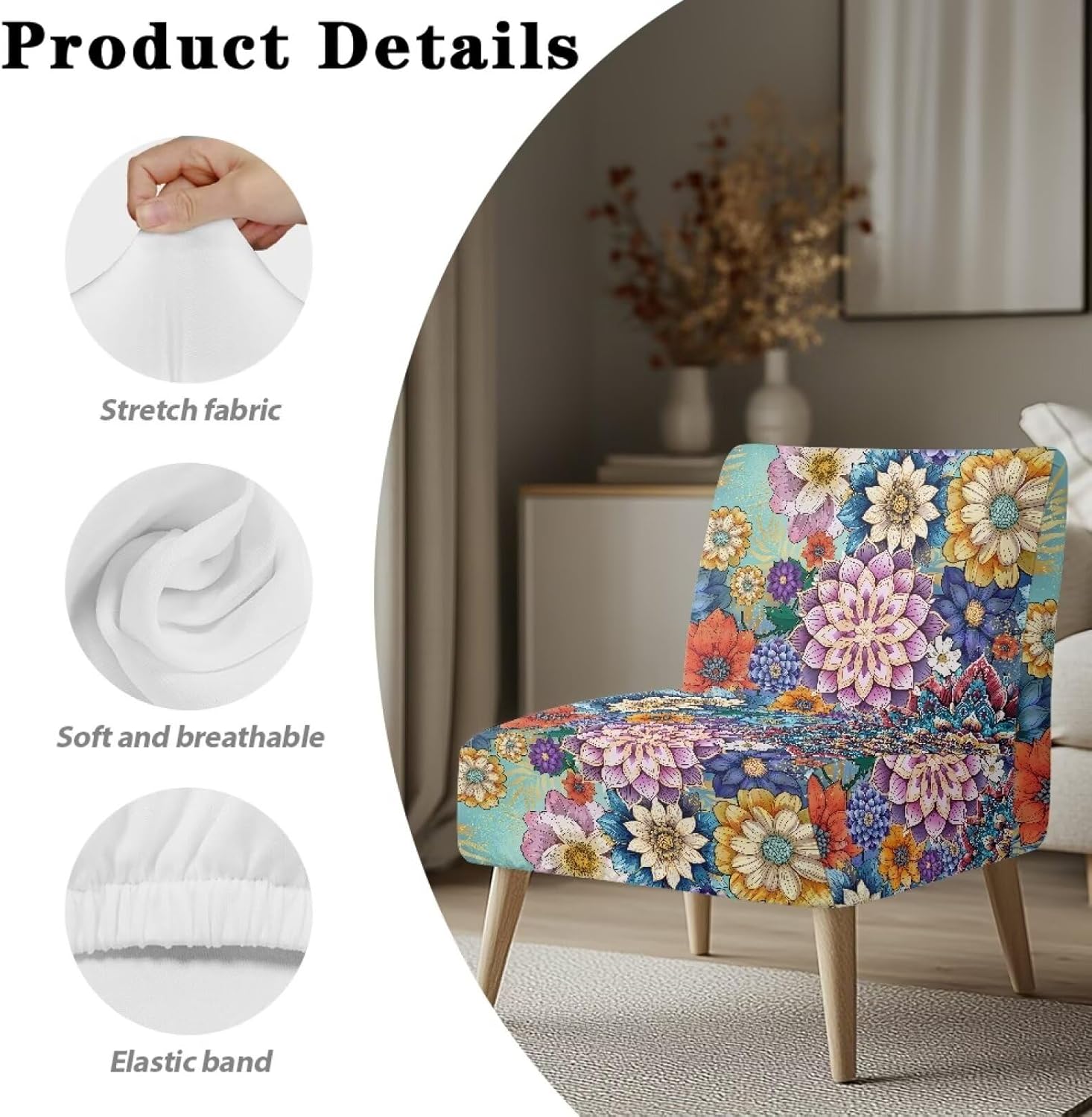 Armless Slipper Chair Slipcover Non-Slip Washable Accent Chair Cover Stretch Soft Spandex Couch Slipcover Washable Furniture Decor Protector for Living Dining Room, Boho Mandala Floral