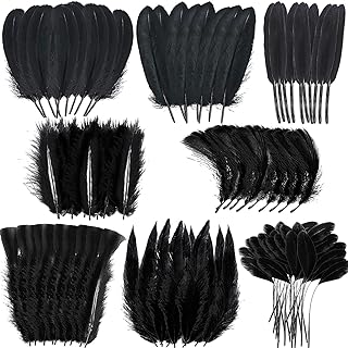 MARFOREVER 320 PCS Halloween Black Feathers Bulk, 8 Styles Assorted Mixed Natural Feathers Black Goose Feathers for DIY Crafts Dream Catcher Wedding Home Holiday Party Halloween Costume Decorations