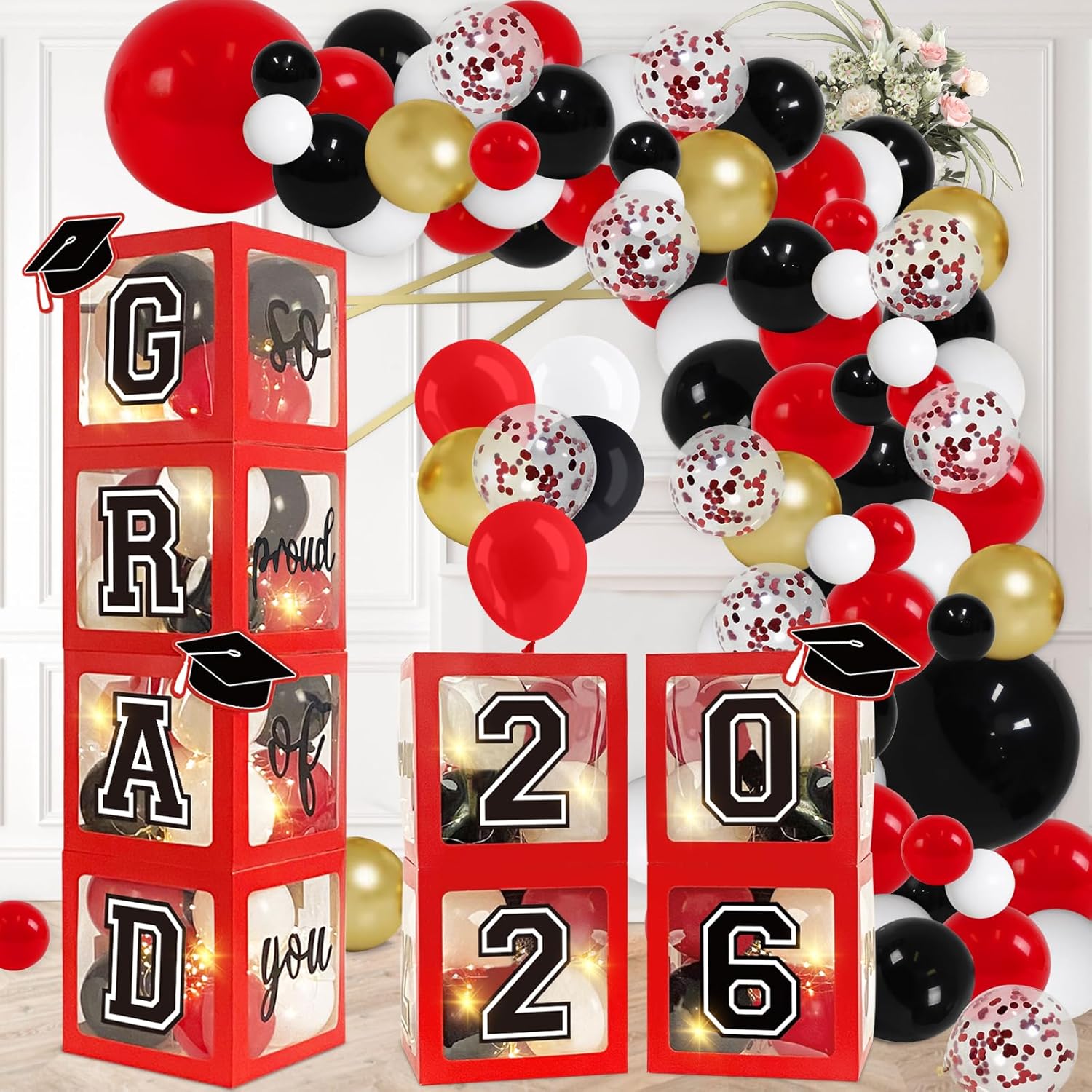 DAZONGE 2026 Graduation Decorations Black and Gold - Set of 4 Grad Boxes with 139pcs Balloon Arch Garland Kit & 4 Light Strings - So Proud of You 2026 Graduation Party Decorations for Any Grades