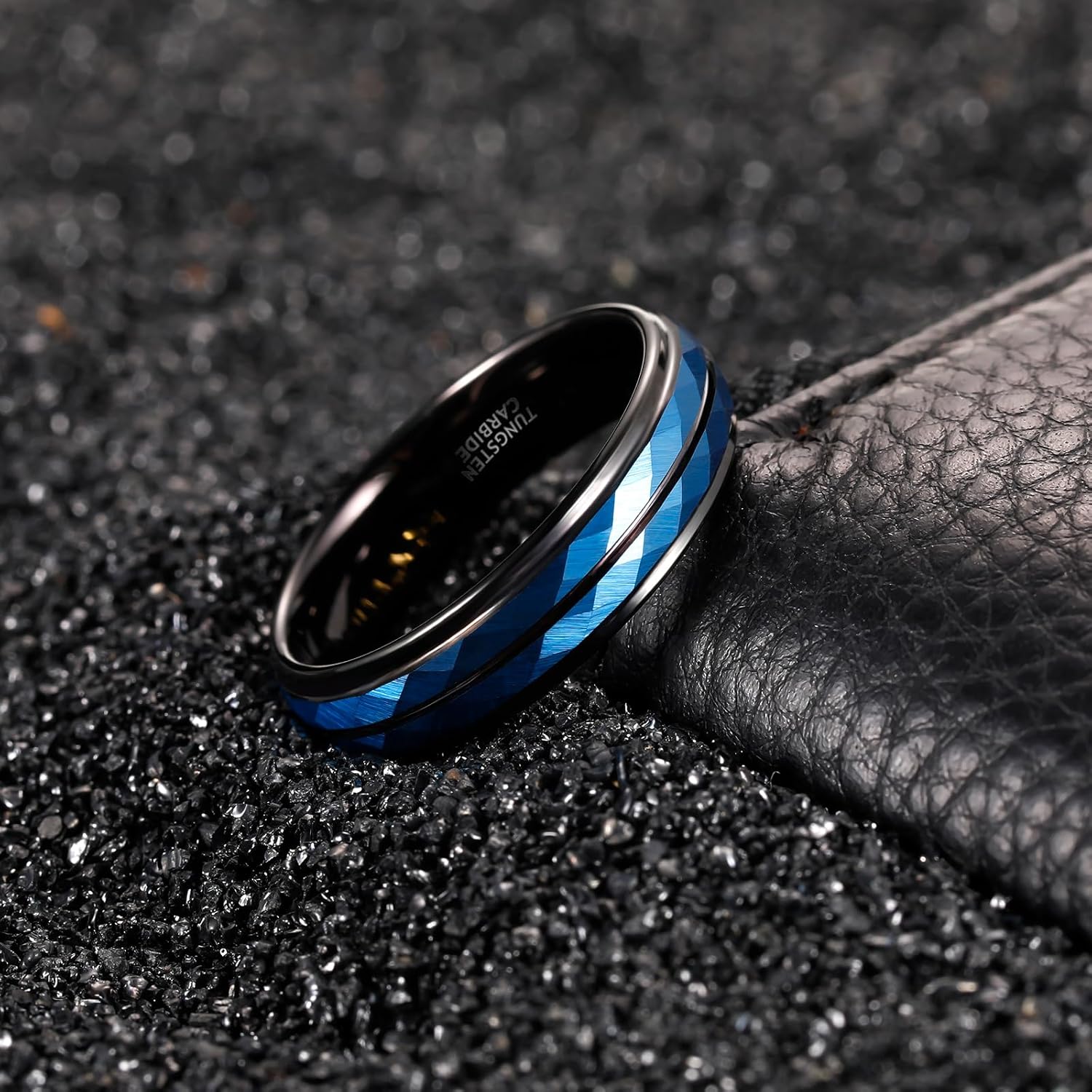 TRUMIUM 6mm Mens Wedding Band Blue Tungsten Carbide Rings for Men Women Hammered Multi-faceted Matte Finished Engagement Promise Couple Rings Size 6-12 - Image 3