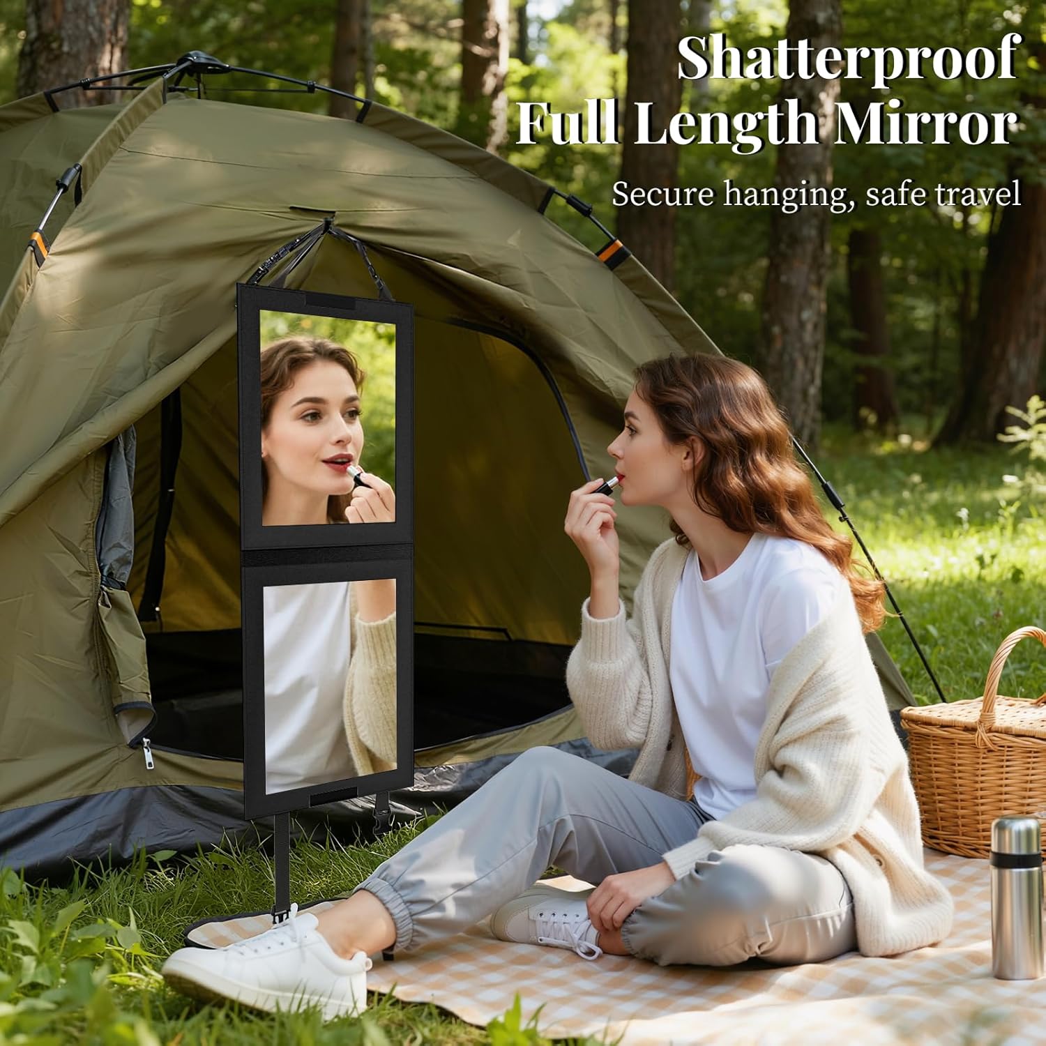 Shinowa Foldable Portable Full Length Mirror for Dancer, Camping and Travel, Shatter-Proof Acrylic Hanging Mirror with Handle, 33x13 Inch Full Body Travel Backstage Mirror, Black